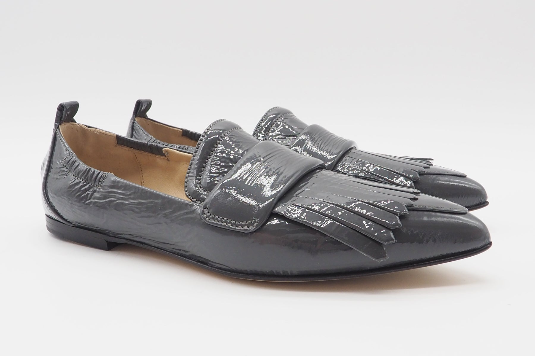 Damen Loafer aus Lackleder in Grau mit Fransen Damen Loafers & Schnürer Pomme D'or