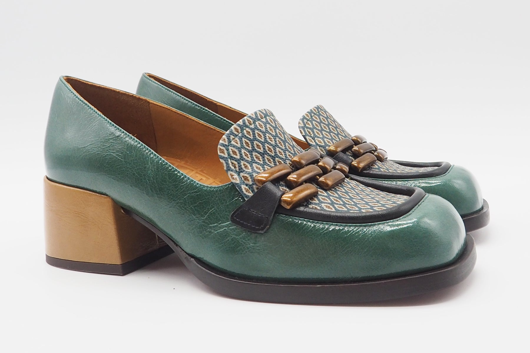Damen Loafer aus Leder & bedrucktem Leder in Grün - Absatz 5cm - Bydu Damen Loafers & Schnürer Chie Mihara
