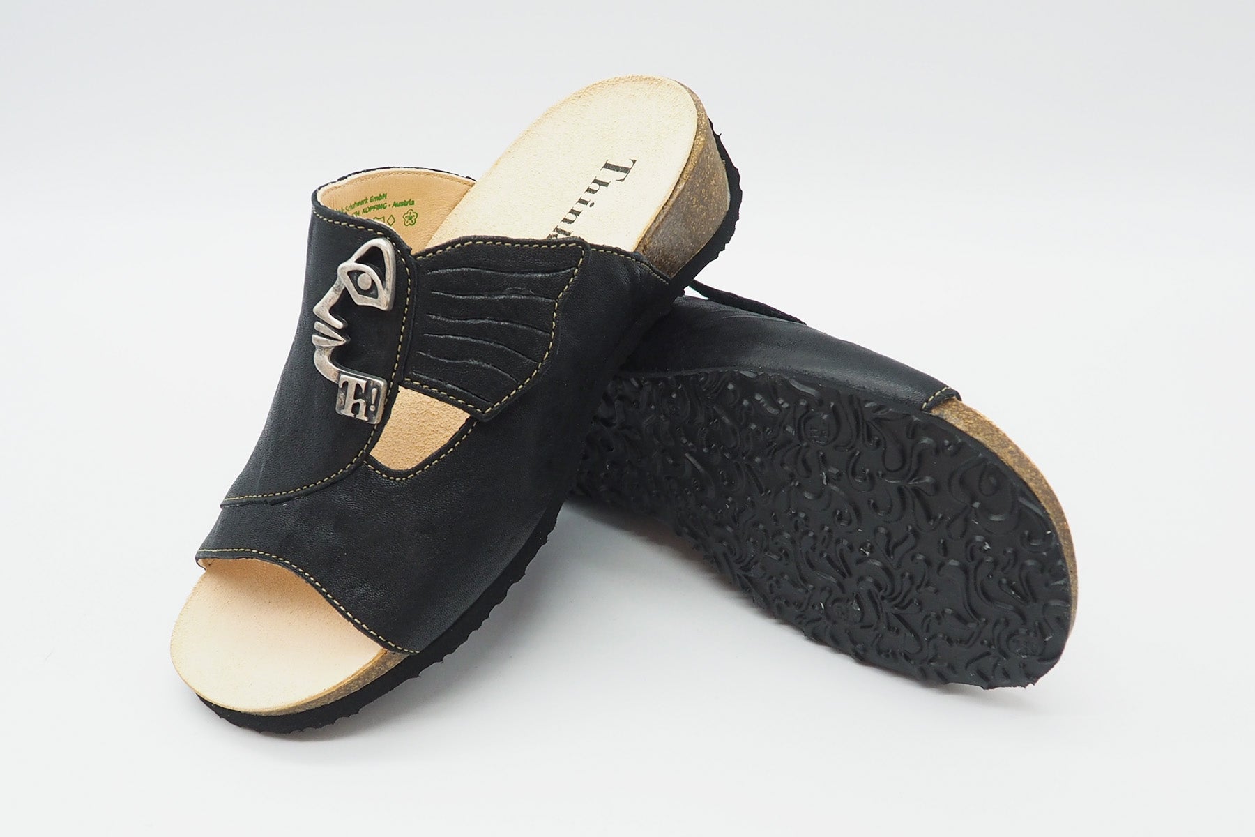 Damen Pantoffel aus Leder in Schwarz Damen Naturfußbett Think