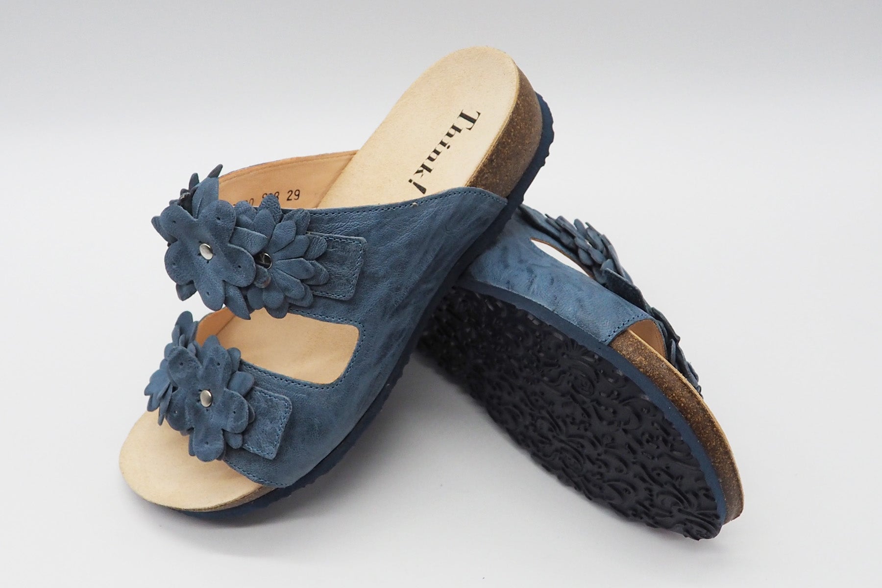 Damen Pantolette aus Glattleder in Denim - Absatz 3cm Damen Naturfußbett Think