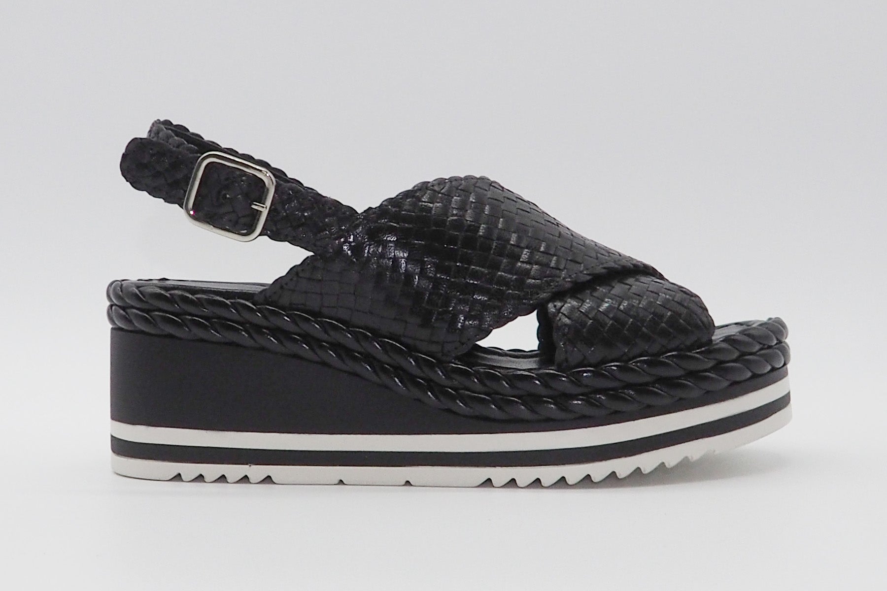 Damen Plateau-Keil-Sandale aus geflochtenem Leder in Schwarz Damen Sandalen Pons Quintana