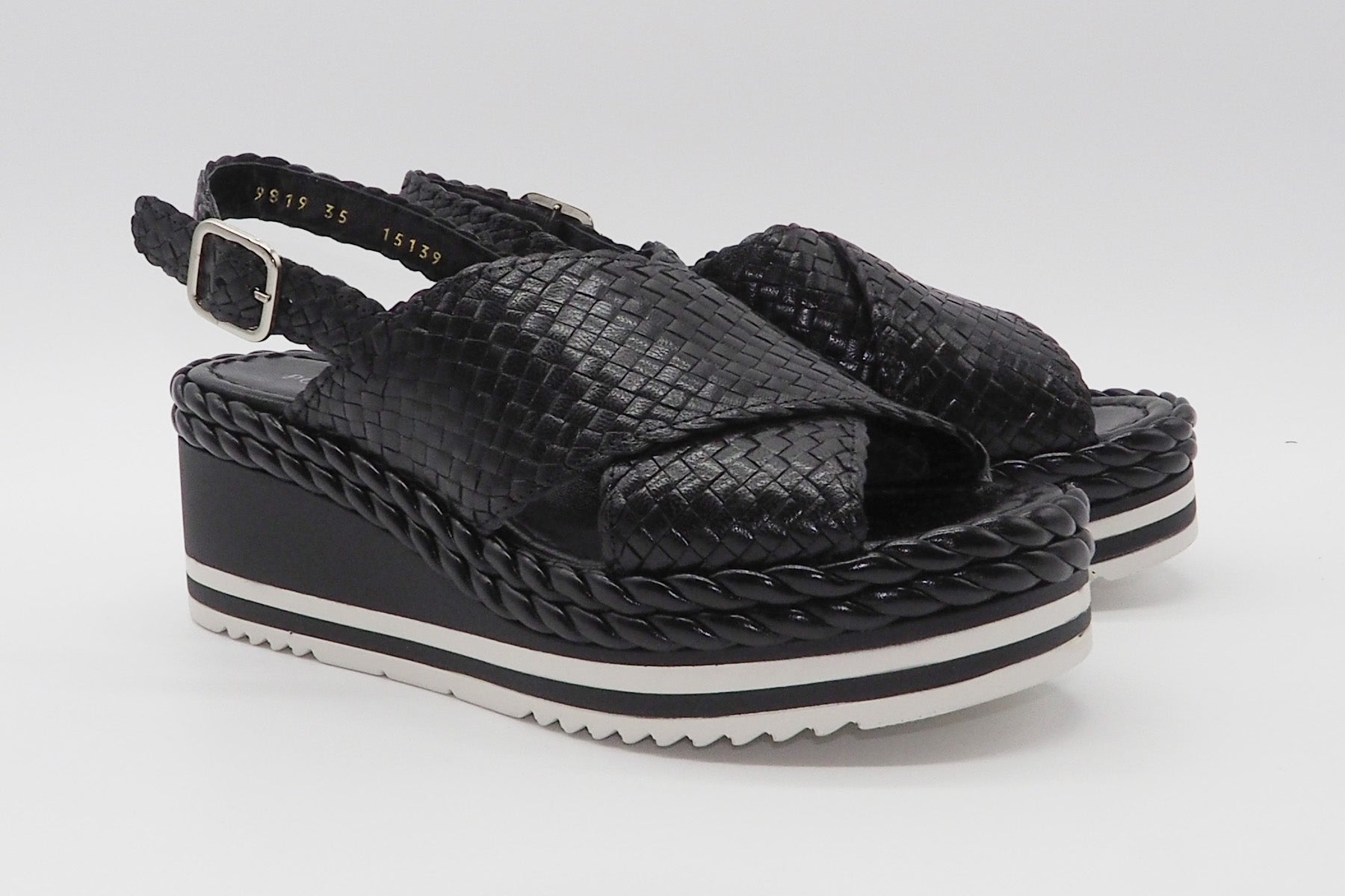 Damen Plateau-Keil-Sandale aus geflochtenem Leder in Schwarz Damen Sandalen Pons Quintana