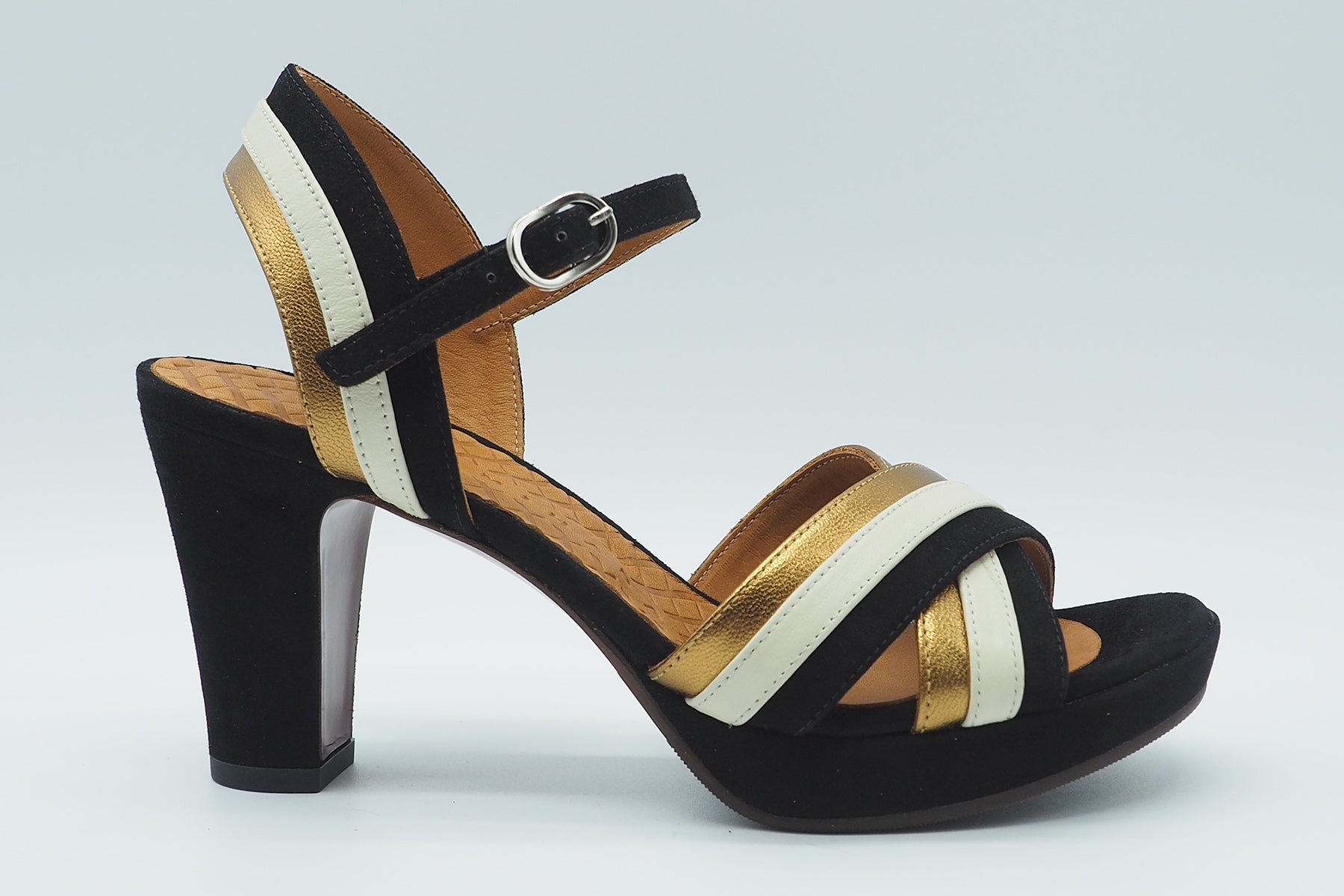 Damen Plateausandale in Veloursleder - Schwarz, Gold & Creme Damen Sandalen Chie Mihara