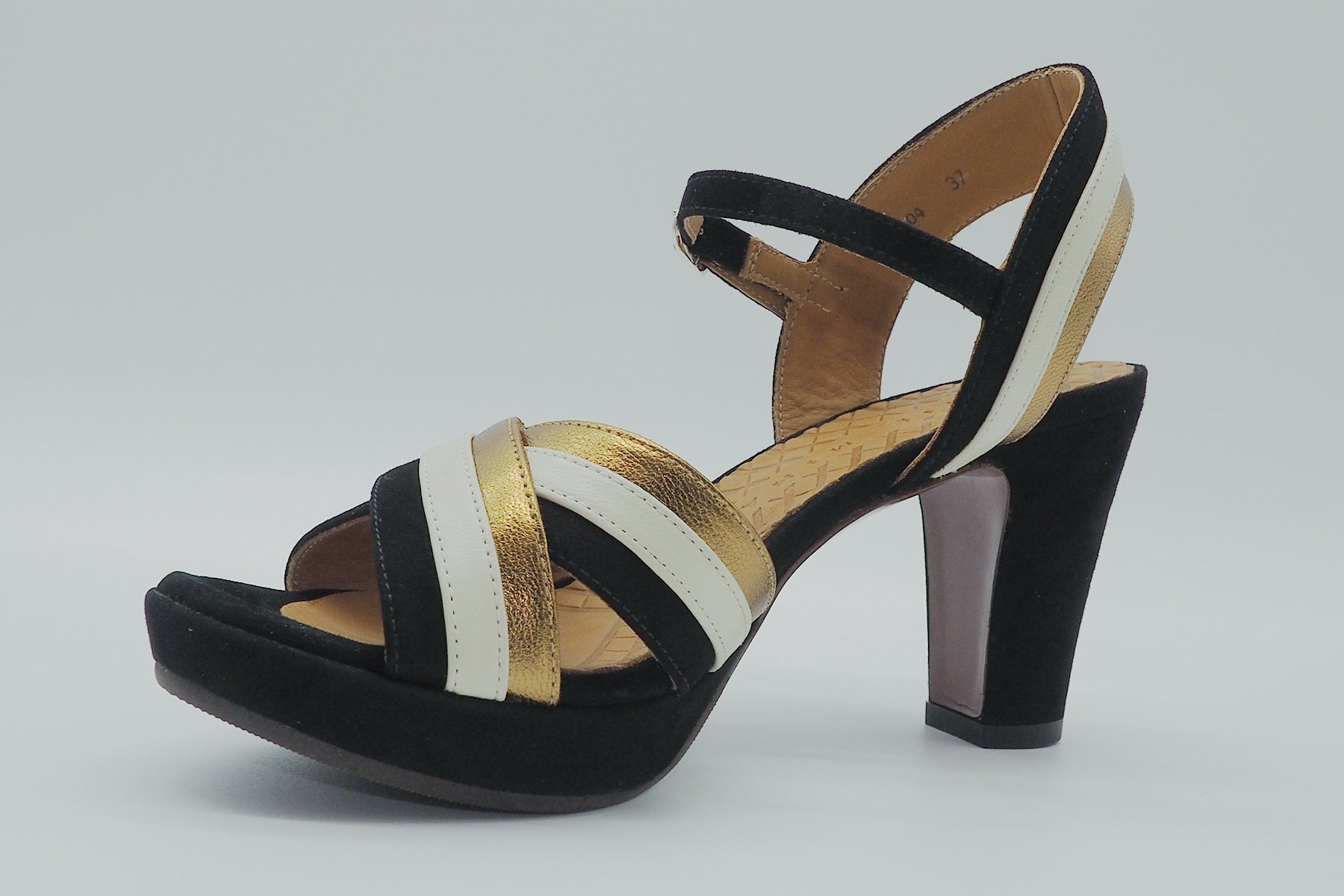 Damen Plateausandale in Veloursleder - Schwarz, Gold & Creme Damen Sandalen Chie Mihara