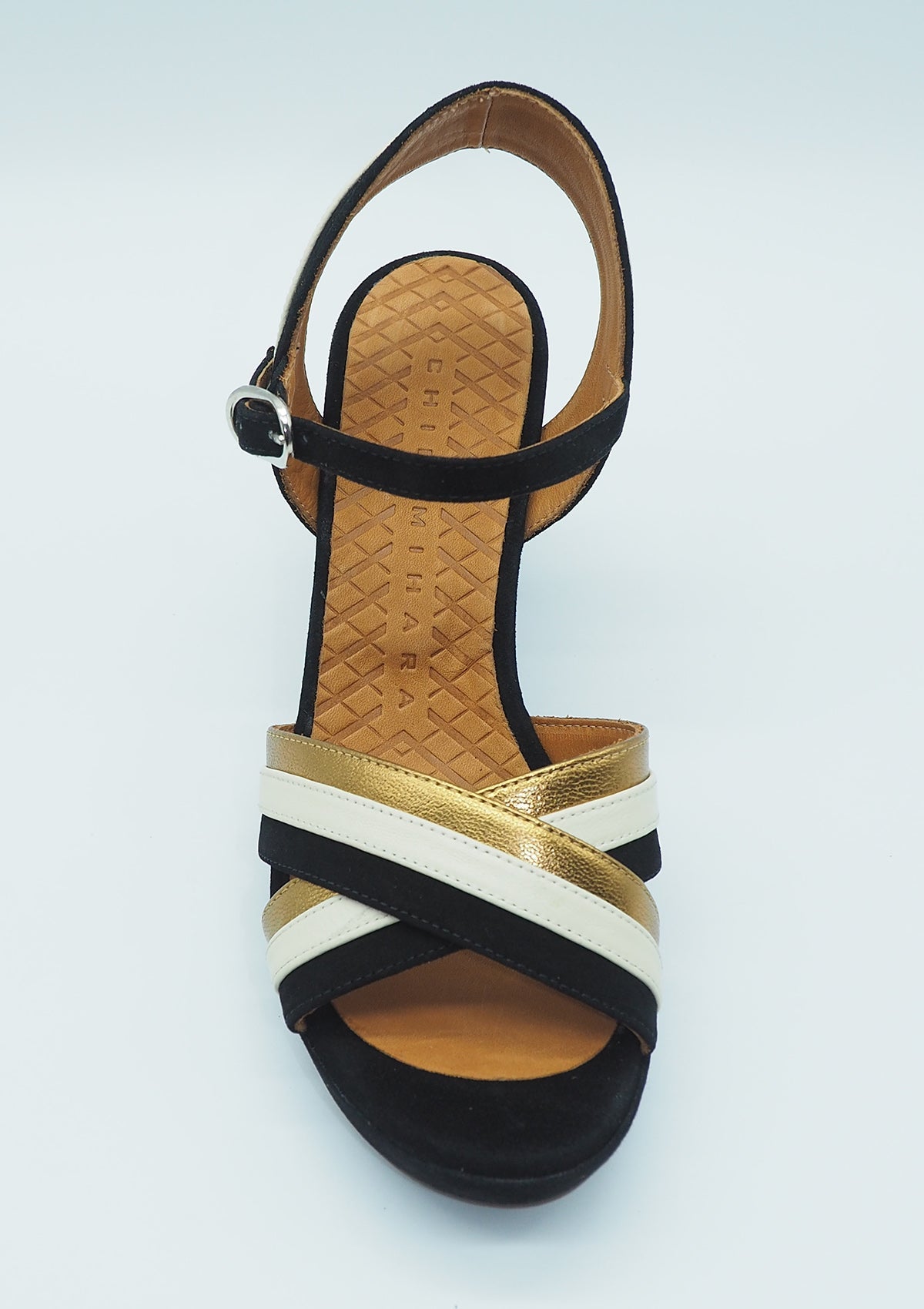 Damen Plateausandale in Veloursleder - Schwarz, Gold & Creme Damen Sandalen Chie Mihara