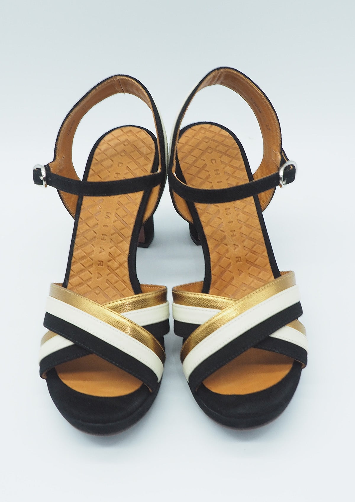 Damen Plateausandale in Veloursleder - Schwarz, Gold & Creme Damen Sandalen Chie Mihara