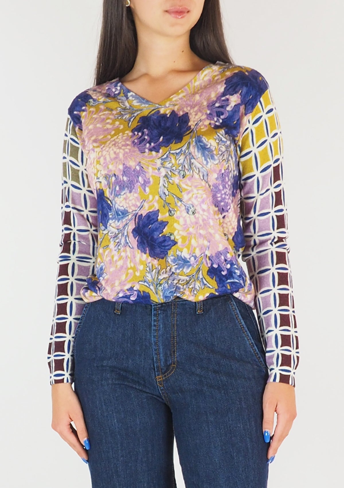 Damen Pullover aus feiner Merino Wolle mit V-Ausschnitt in Multicolor Damen Pullover in bed with you