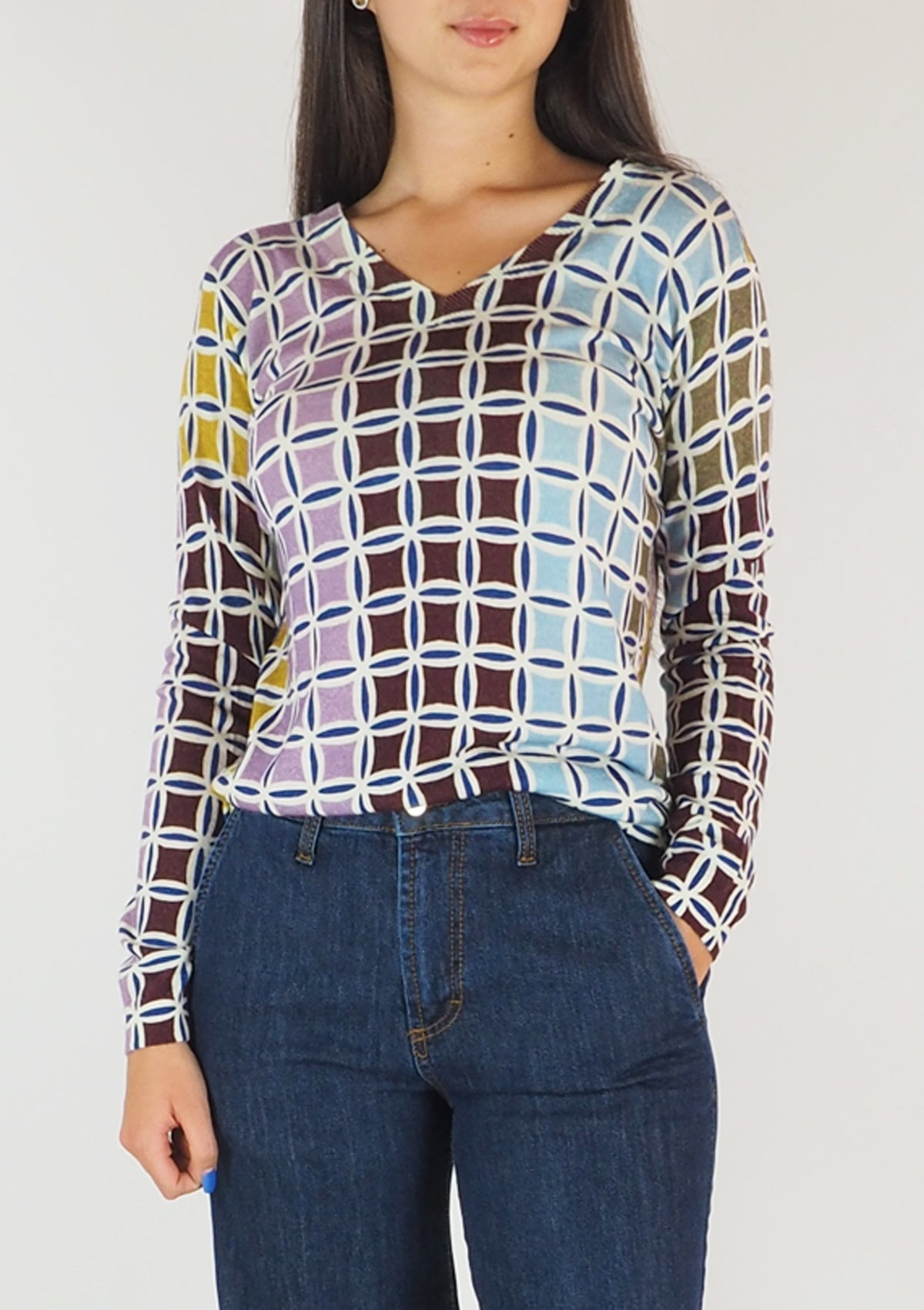 Damen Pullover aus feiner Merino Wolle mit V-Ausschnitt in Multicolor Damen Pullover in bed with you