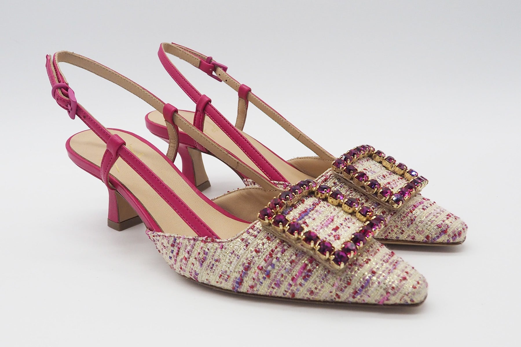 Damen Sling aus Leinen in Multicolor & Fuchsia mit Glitzersteinen - Absatz 8cm Damen Pumps & Slings Roberto Festa