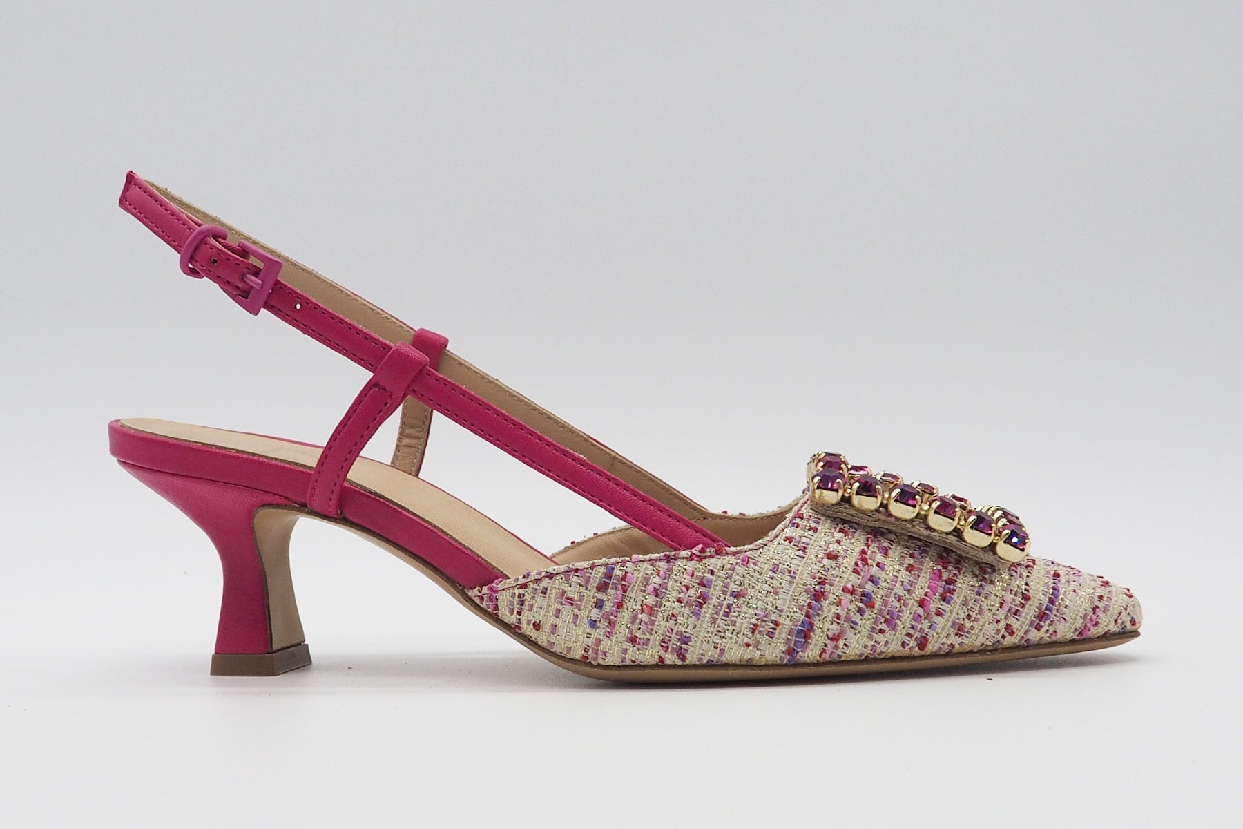 Damen Sling aus Leinen in Multicolor & Fuchsia mit Glitzersteinen - Absatz 8cm Damen Pumps & Slings Roberto Festa