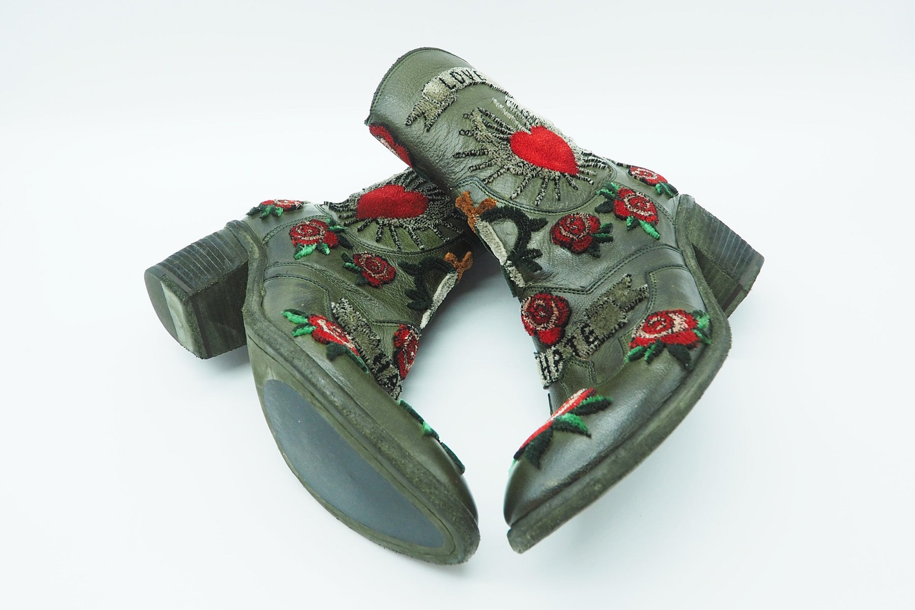 Damen Stiefelette aus Leder mit Applikationen bestickt in Dunkelgrün Damen Stiefeletten Fauzian Jeunesse