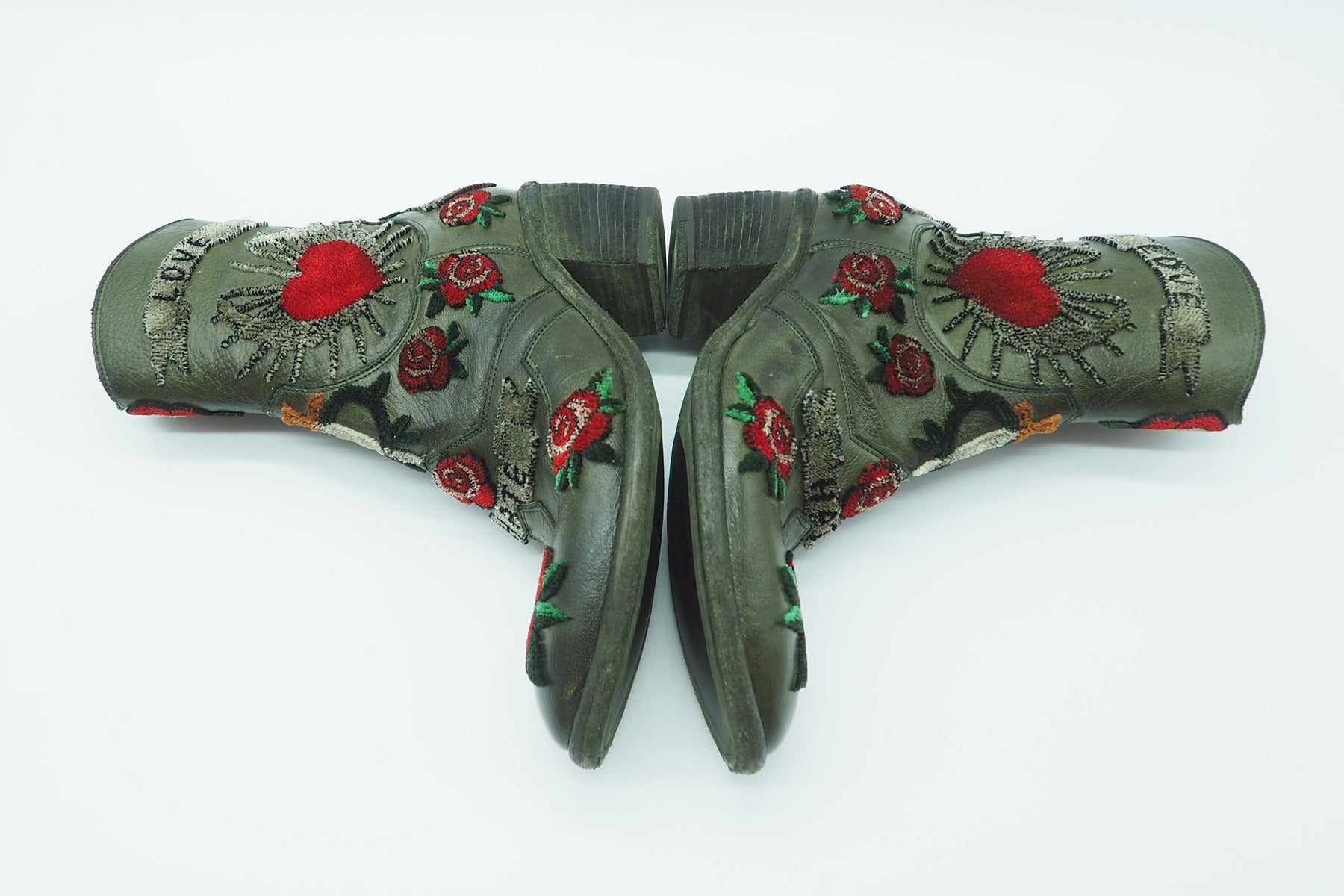 Damen Stiefelette aus Leder mit Applikationen bestickt in Dunkelgrün Damen Stiefeletten Fauzian Jeunesse