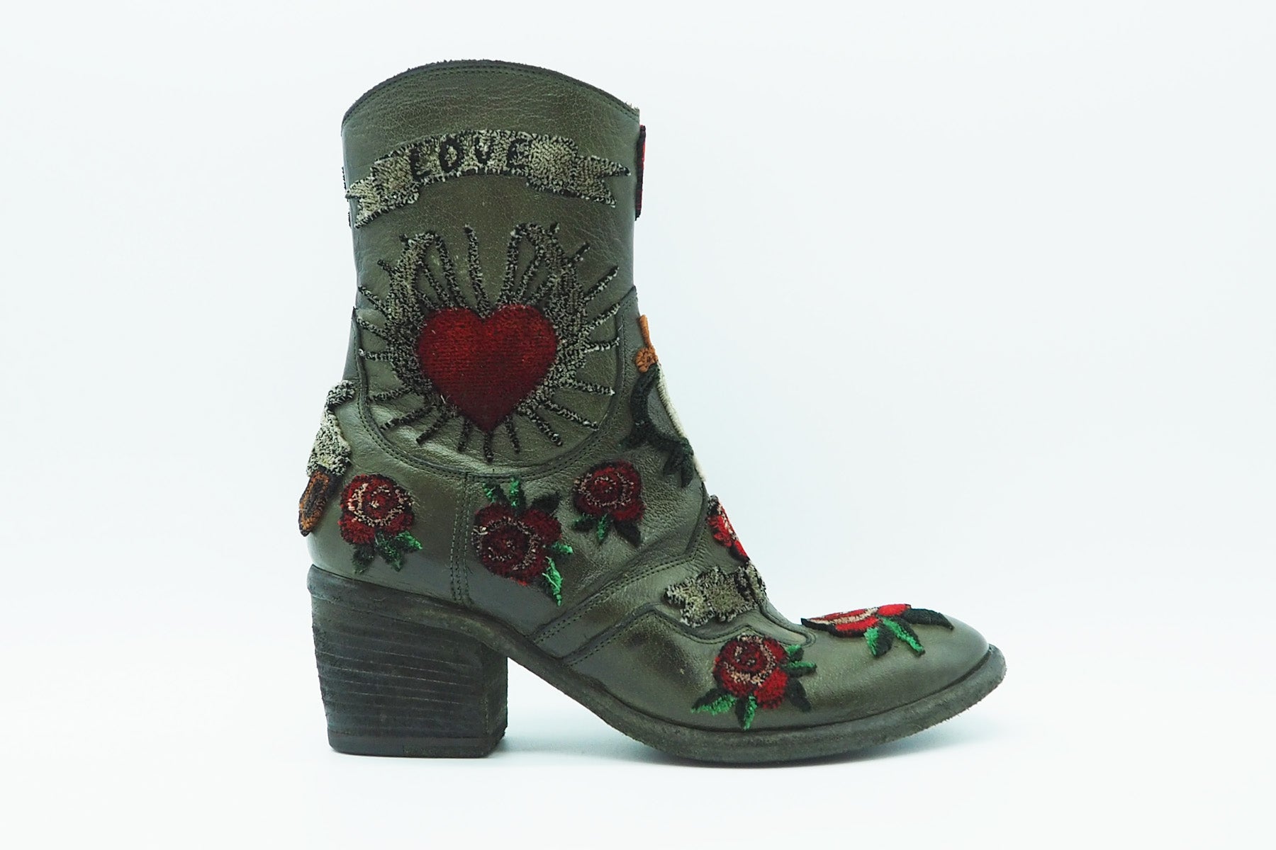 Damen Stiefelette aus Leder mit Applikationen bestickt in Dunkelgrün Damen Stiefeletten Fauzian Jeunesse