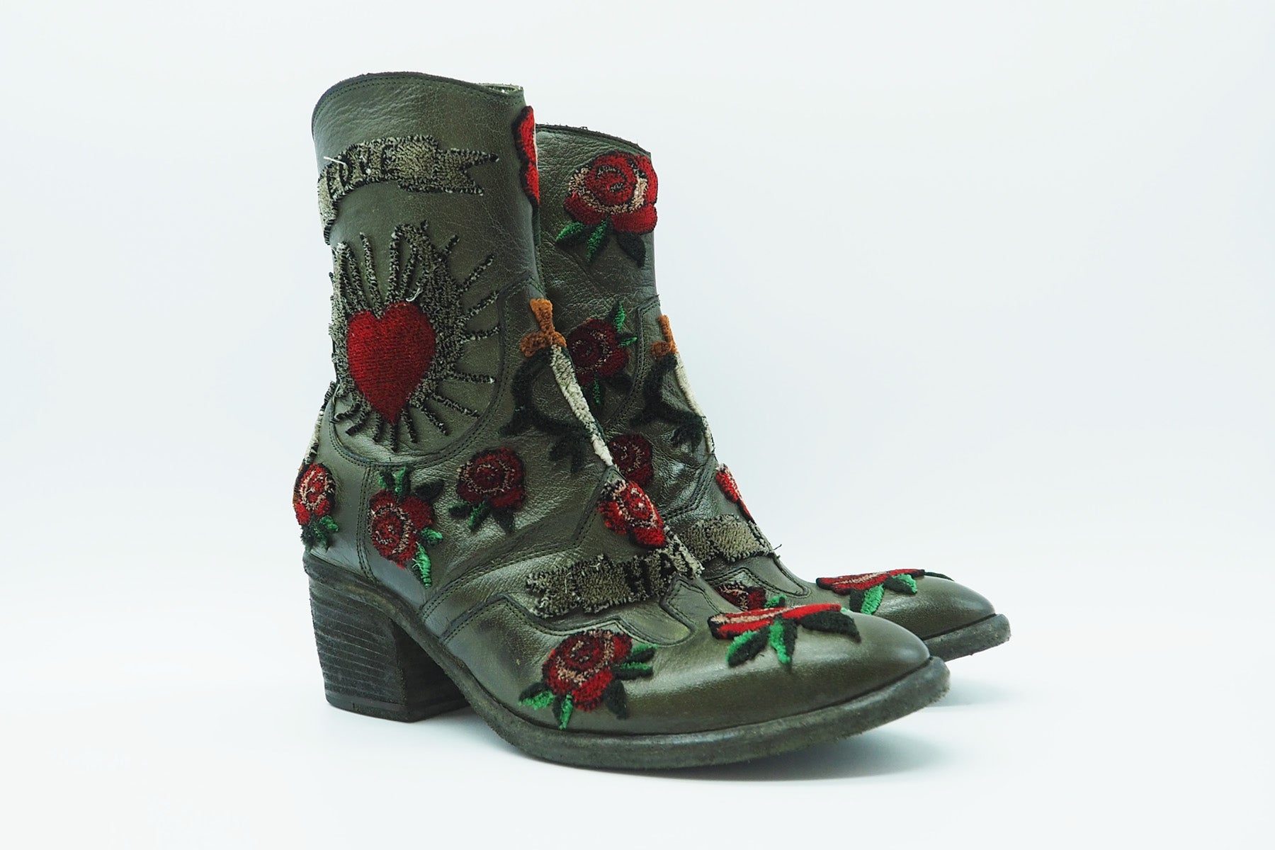 Damen Stiefelette aus Leder mit Applikationen bestickt in Dunkelgrün Damen Stiefeletten Fauzian Jeunesse