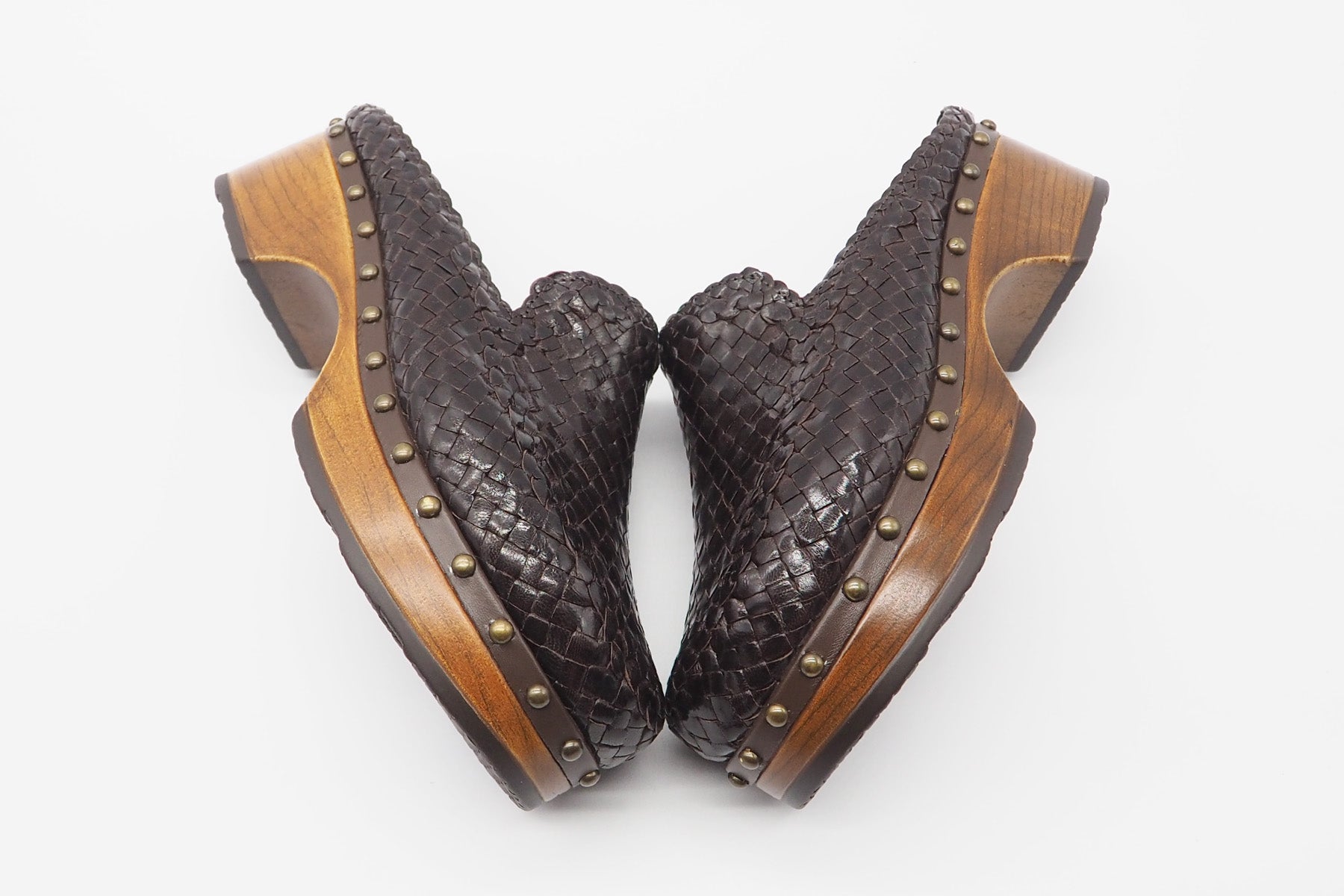 Damen Zoccoli aus geflochtenem Leder in Café mit Holzsohle Damen Mules & Sabots Pons Quintana