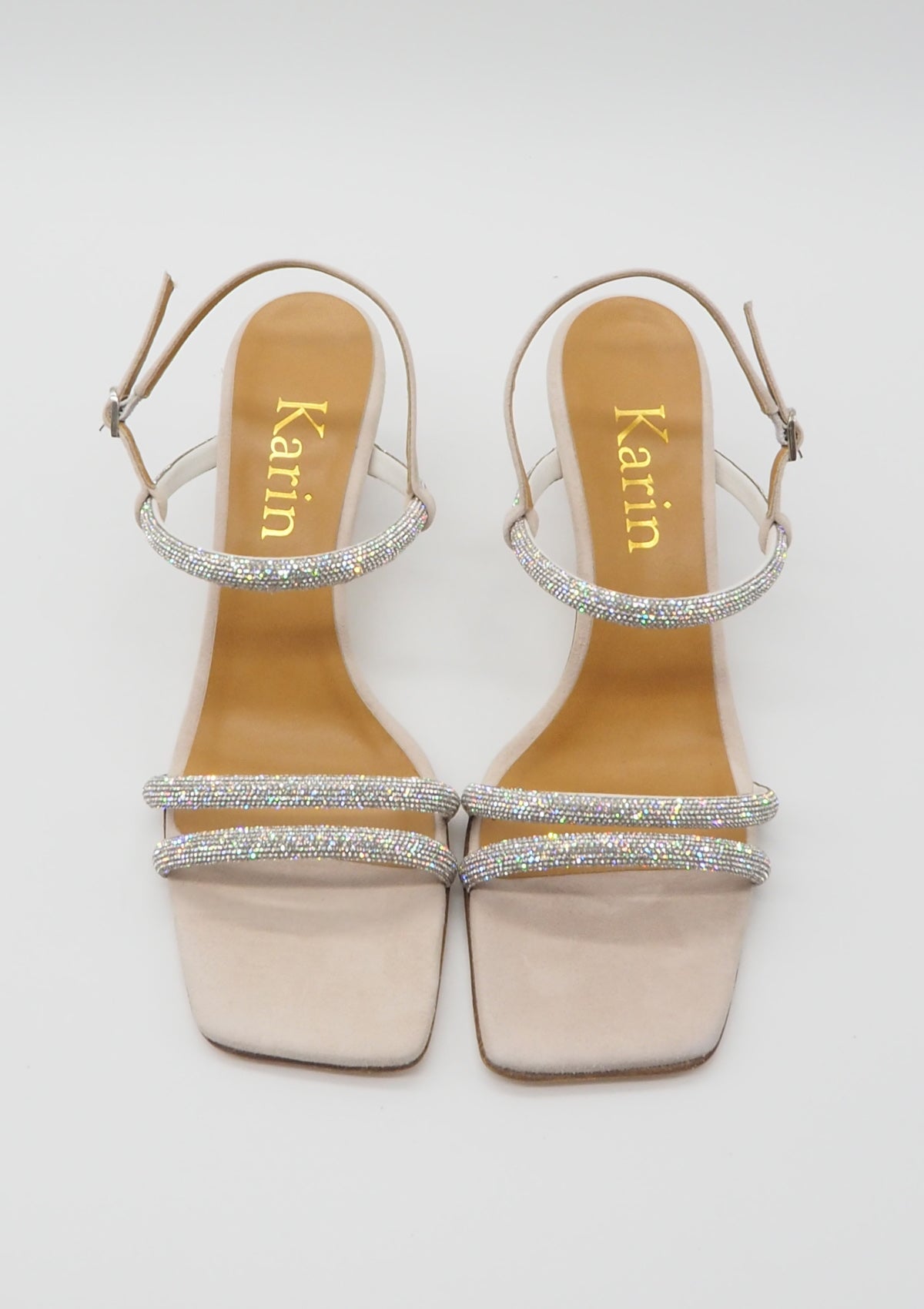 Edle Damen Absatz-Sandale aus Veloursleder in Nude mit Steinen besetzten Bänder - Absatz 6cm Damen Sandalen Karin