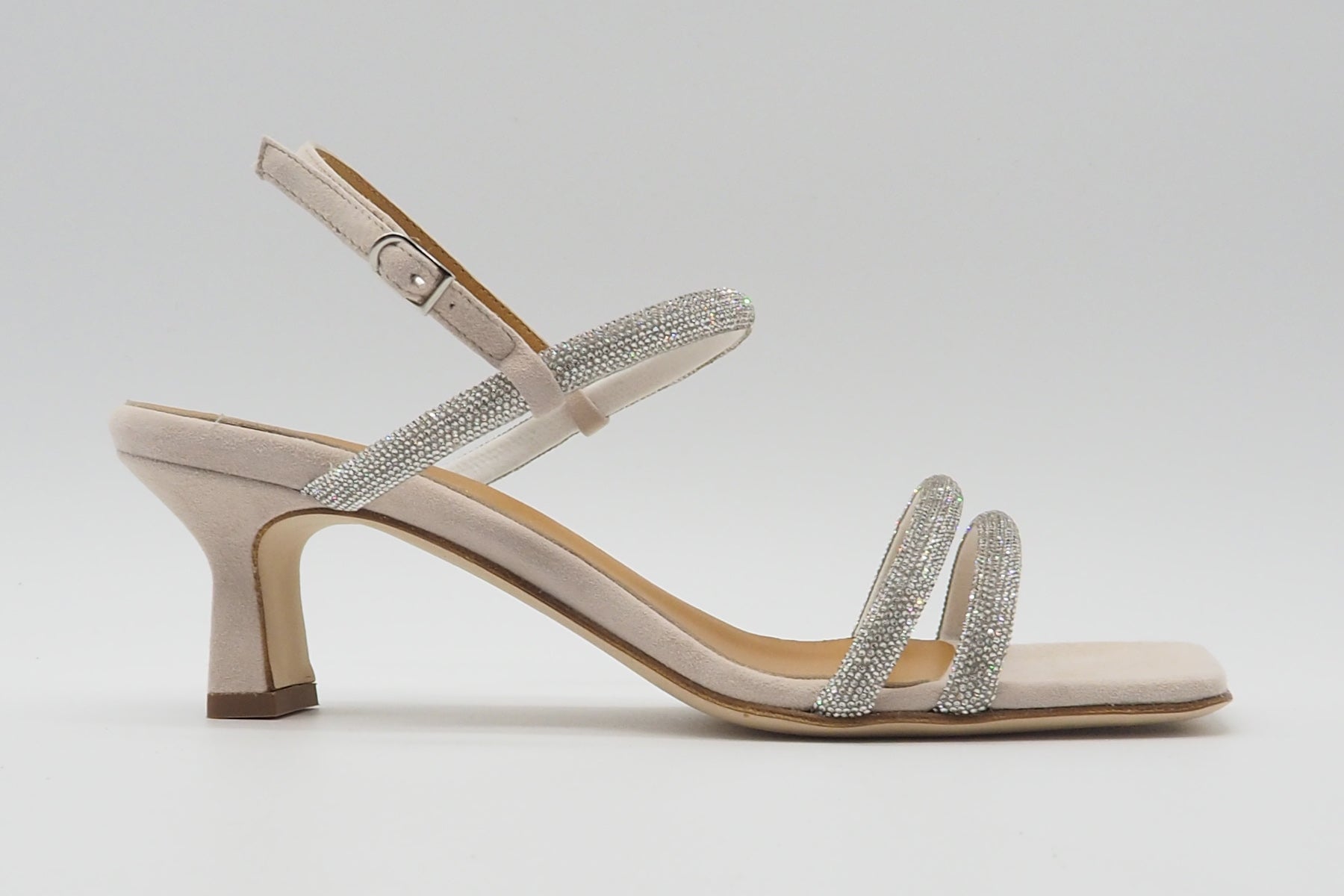 Edle Damen Absatz-Sandale aus Veloursleder in Nude mit Steinen besetzten Bänder - Absatz 6cm Damen Sandalen Karin