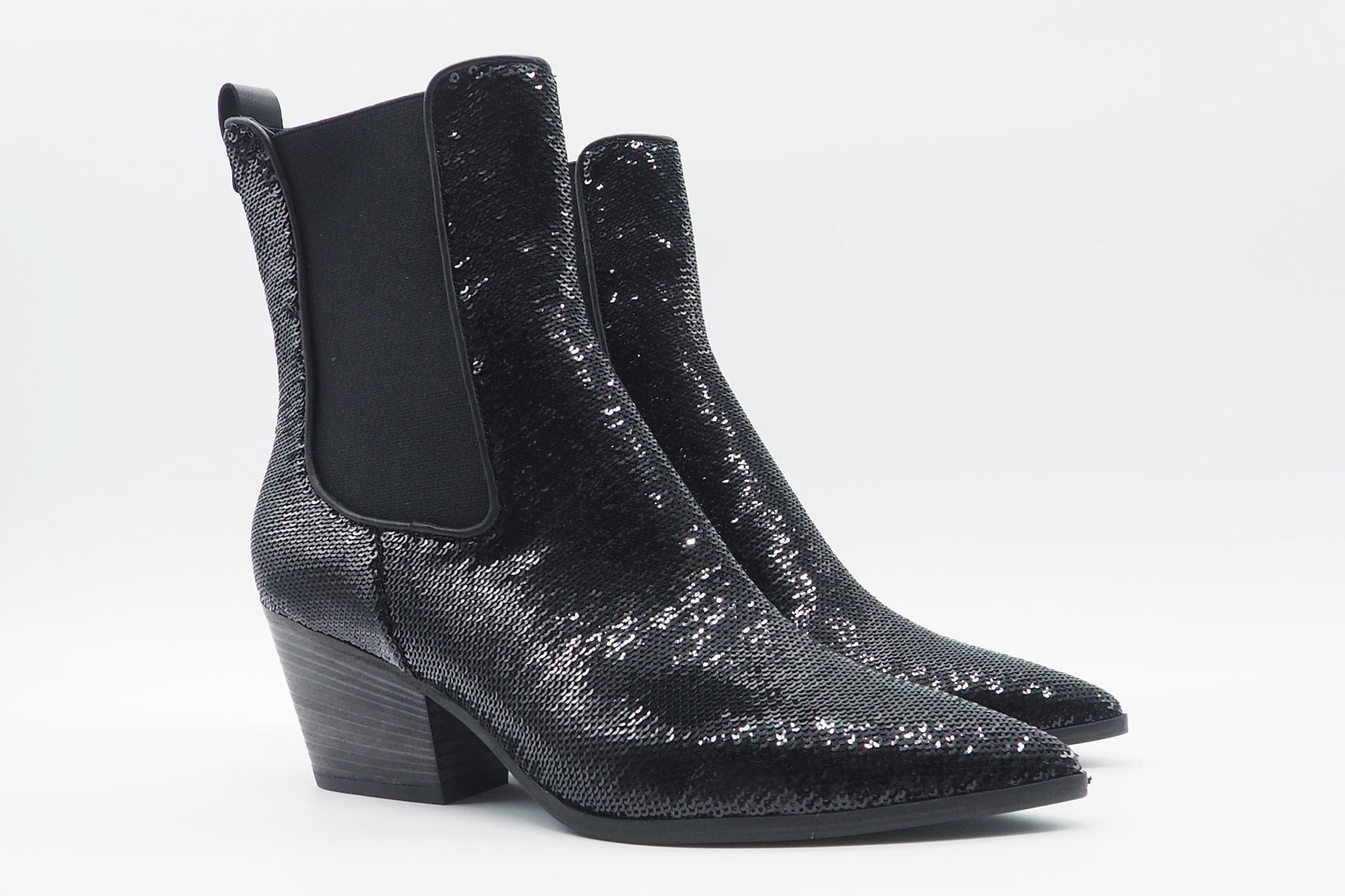 Edle Damen Chelsea-Stiefelette im Westernstil aus Pailletten in Schwarz - Dallas - Absatz 6,5cm Damen Stiefeletten Kennel & Schmenger