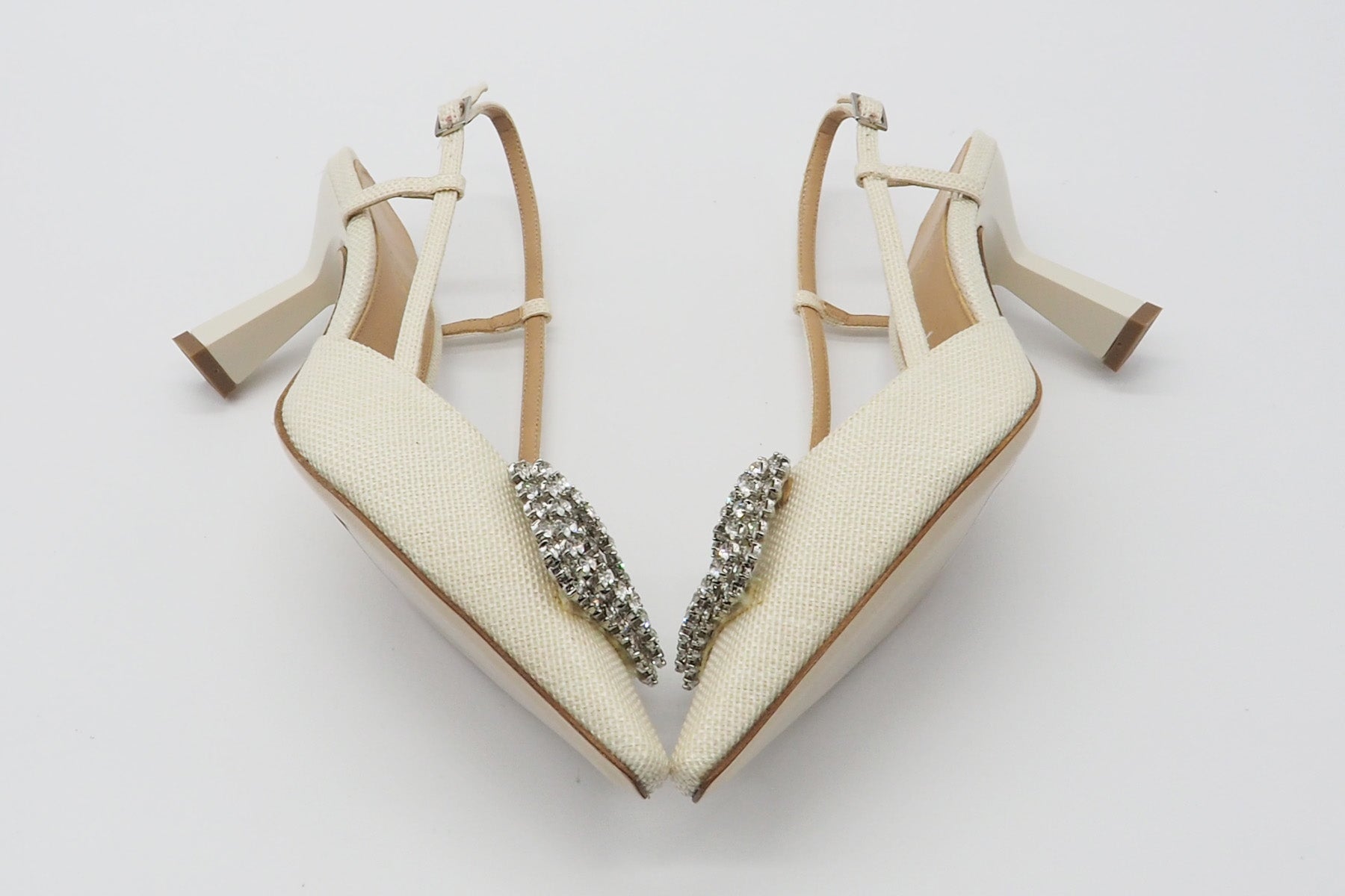 Edle Damen Sling aus webtem Bast in Offwhite mit Kristallsteinen - Absatz 8cm - Textilhaptik Damen Pumps & Slings Chantal