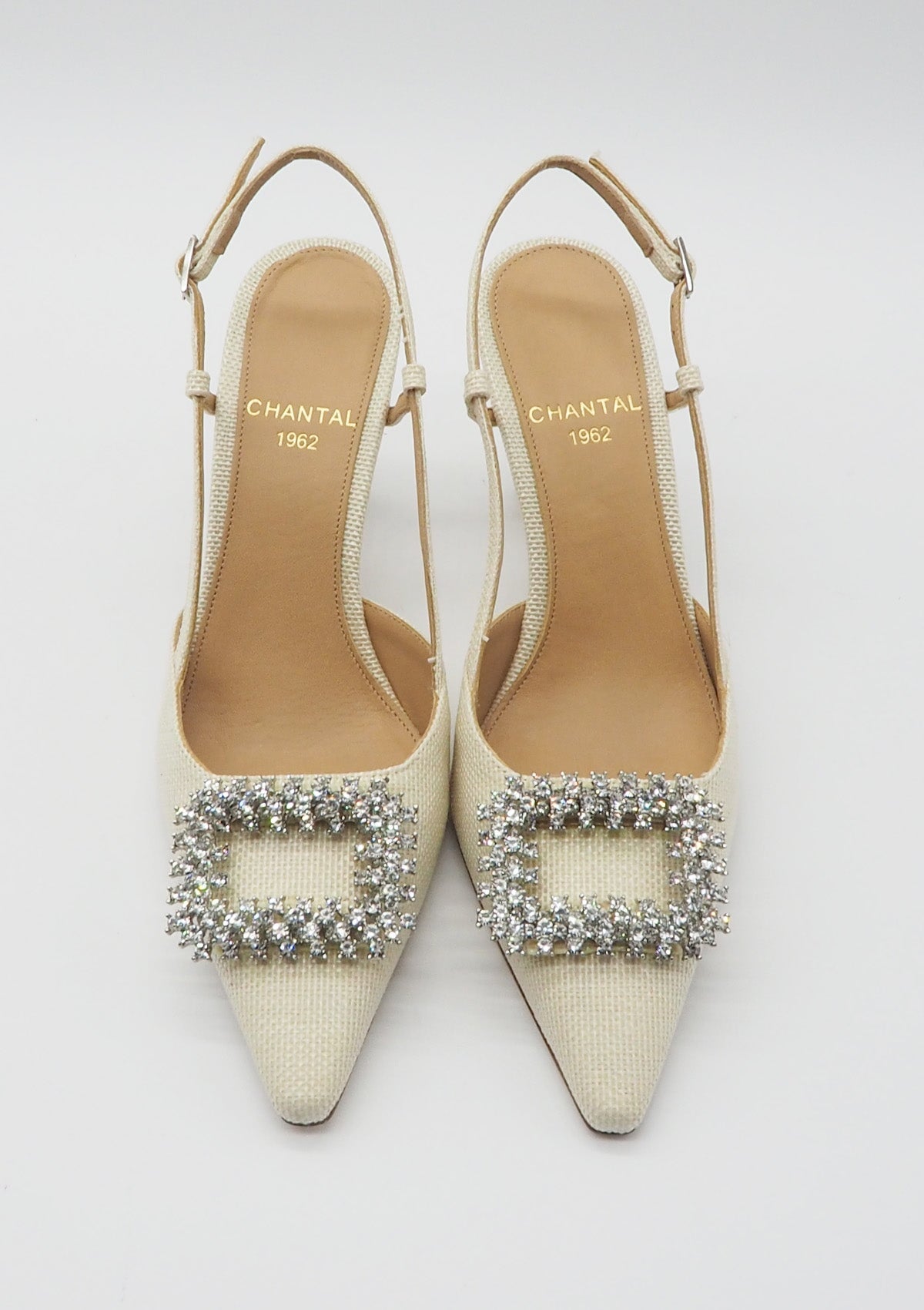 Edle Damen Sling aus webtem Bast in Offwhite mit Kristallsteinen - Absatz 8cm - Textilhaptik Damen Pumps & Slings Chantal