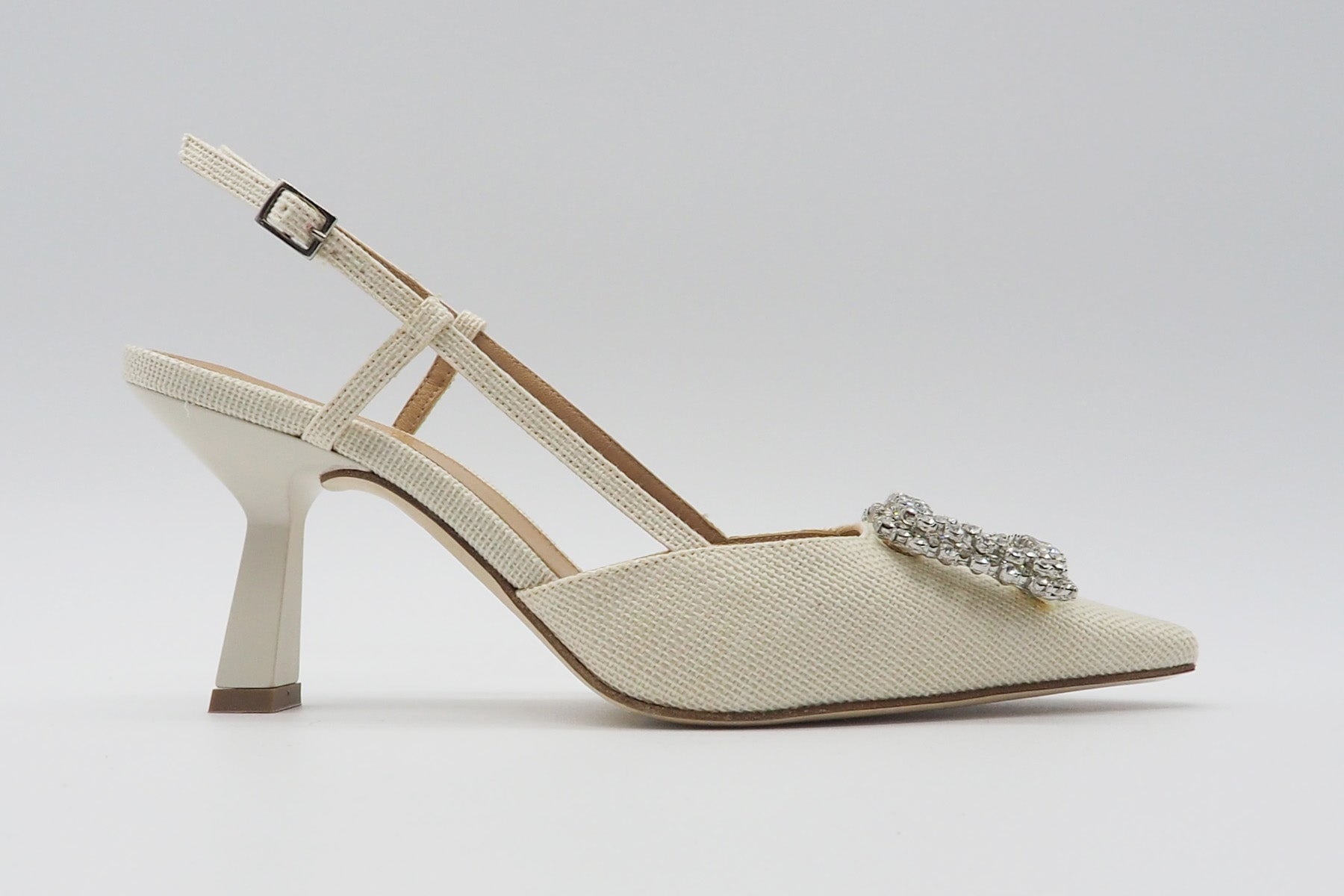 Edle Damen Sling aus webtem Bast in Offwhite mit Kristallsteinen - Absatz 8cm - Textilhaptik Damen Pumps & Slings Chantal