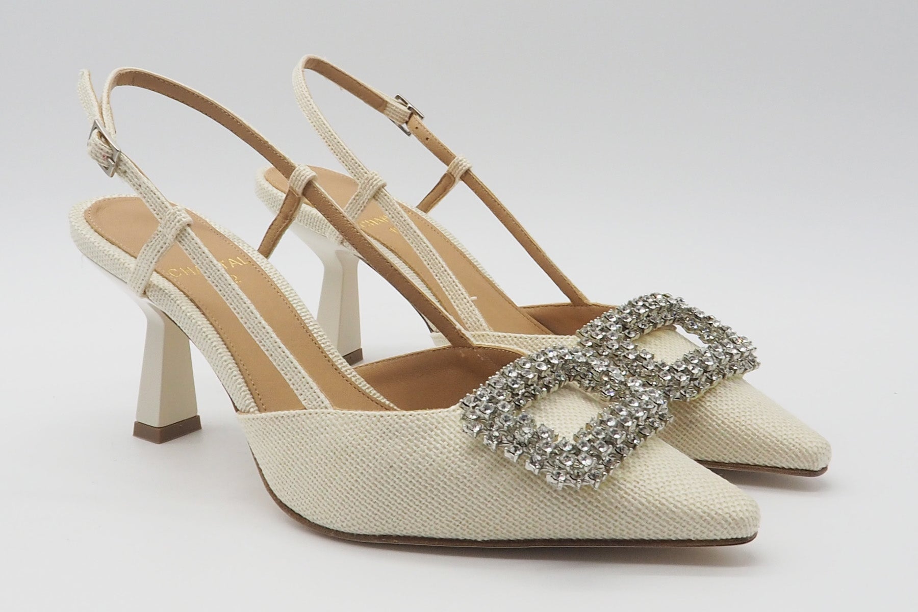 Edle Damen Sling aus webtem Bast in Offwhite mit Kristallsteinen - Absatz 8cm - Textilhaptik Damen Pumps & Slings Chantal