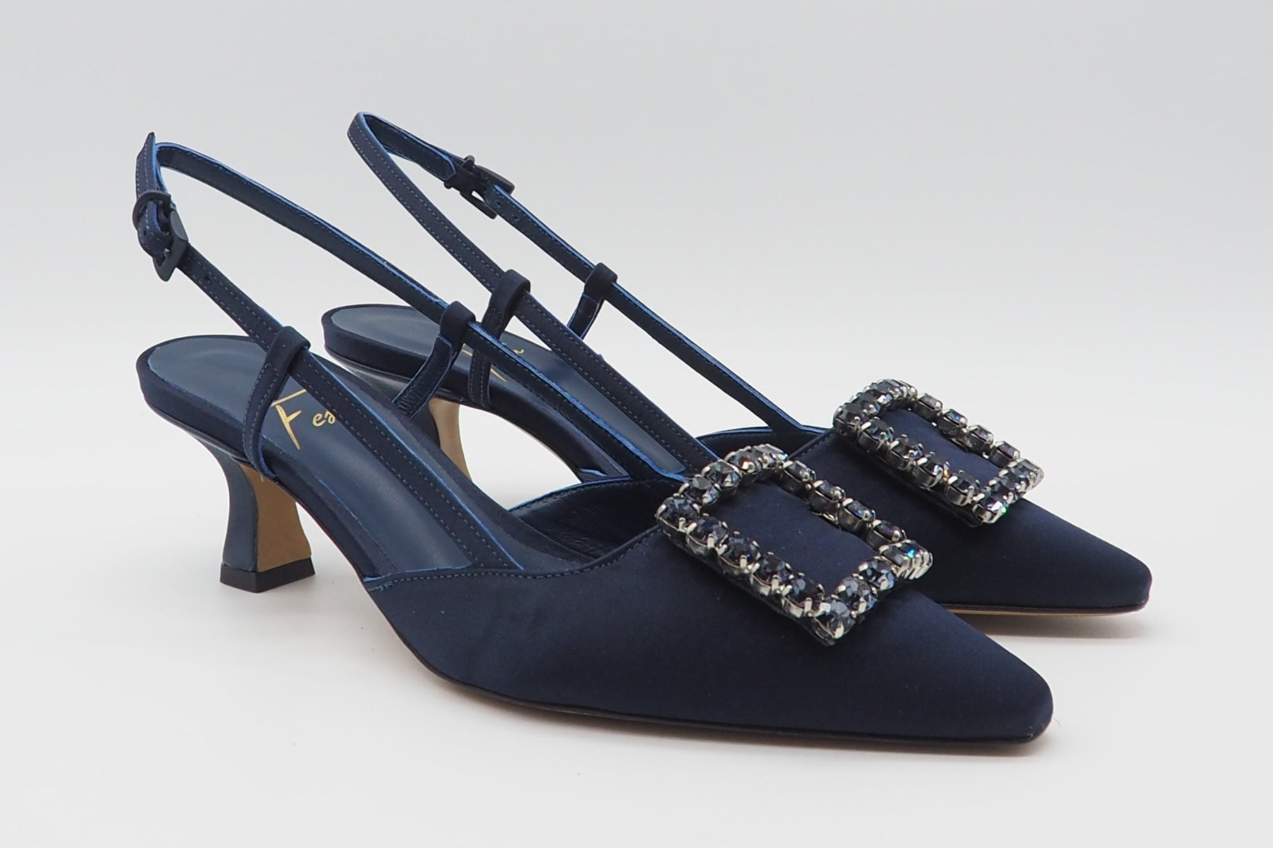 Edle Damen Slings aus Satin in Dunkelblau mit quadratischer Schnalle und Kristallen - Absatz 5,5cm Damen Pumps & Slings Roberto Festa