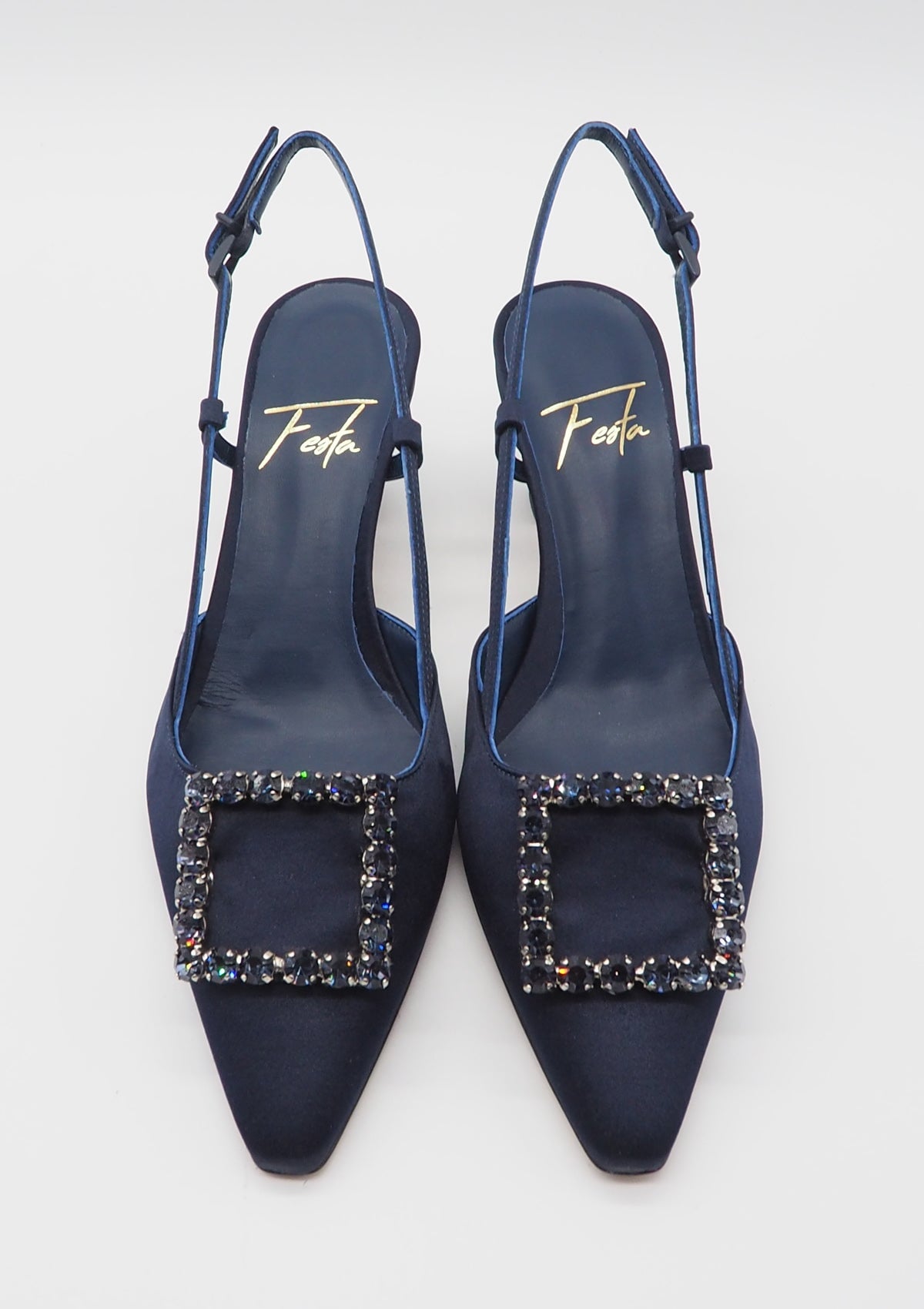 Edle Damen Slings aus Satin in Dunkelblau mit quadratischer Schnalle und Kristallen - Absatz 5,5cm Damen Pumps & Slings Roberto Festa