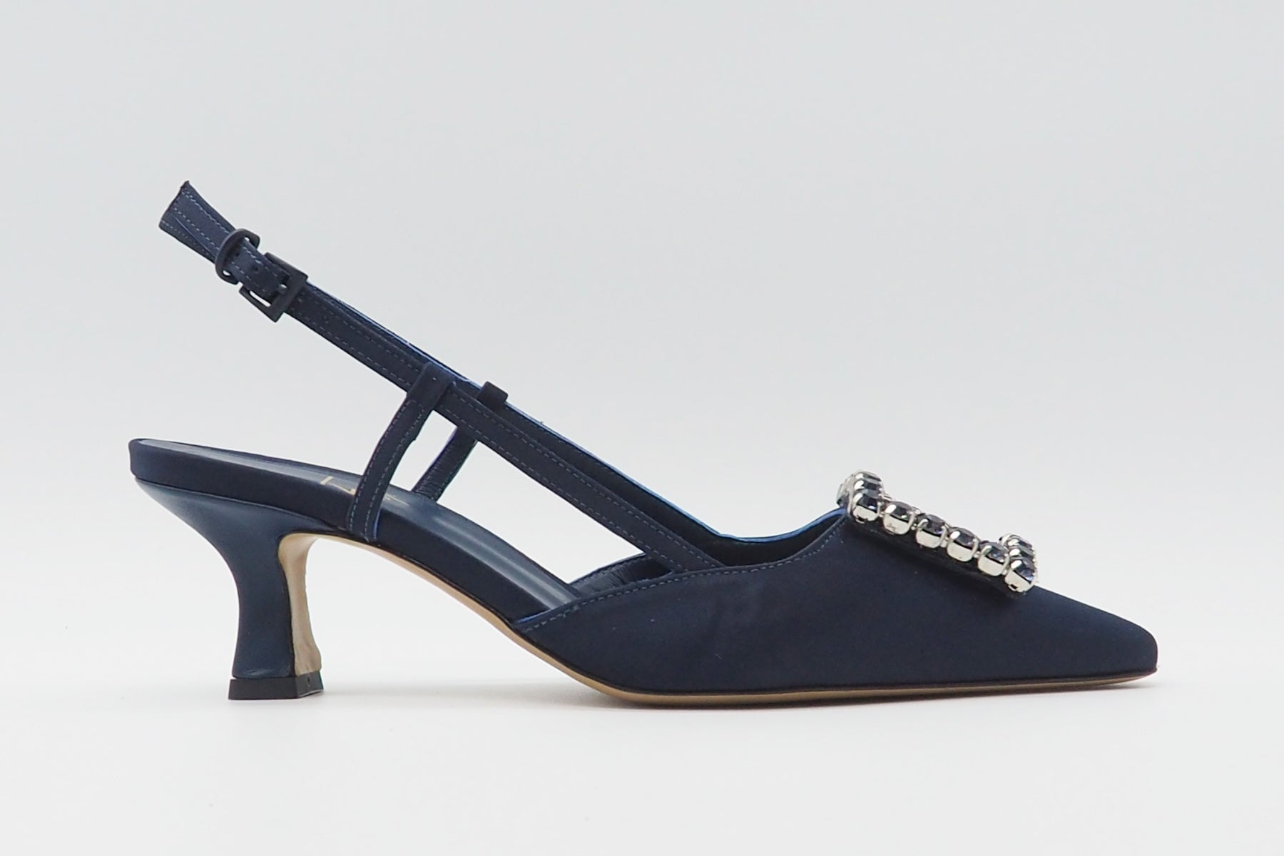 Edle Damen Slings aus Satin in Dunkelblau mit quadratischer Schnalle und Kristallen - Absatz 5,5cm Damen Pumps & Slings Roberto Festa