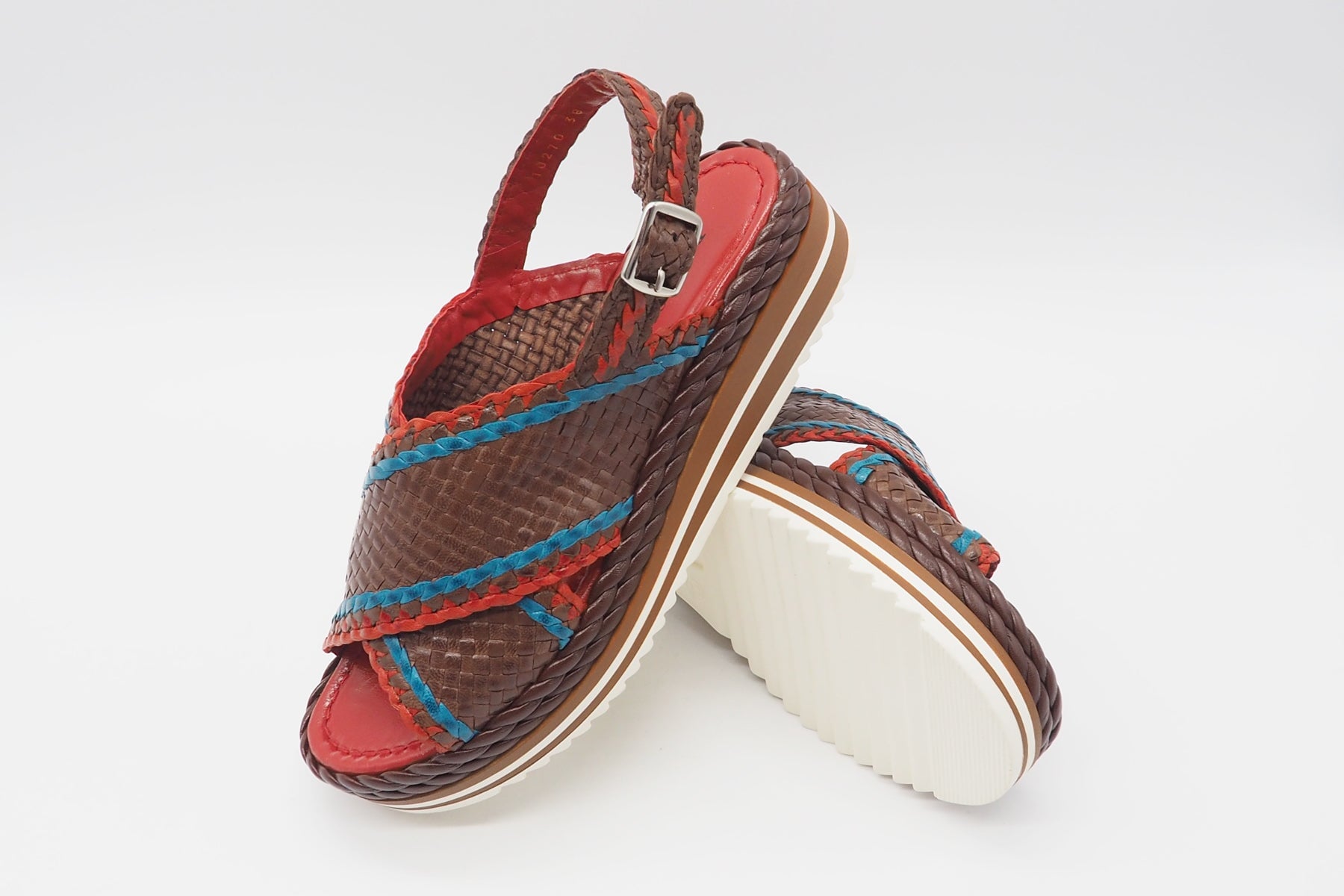 Feine Damen Sandale aus geflochtenem Leder in Braun, Blau & Rot - Absatz 4cm Damen Sandalen Pons Quintana