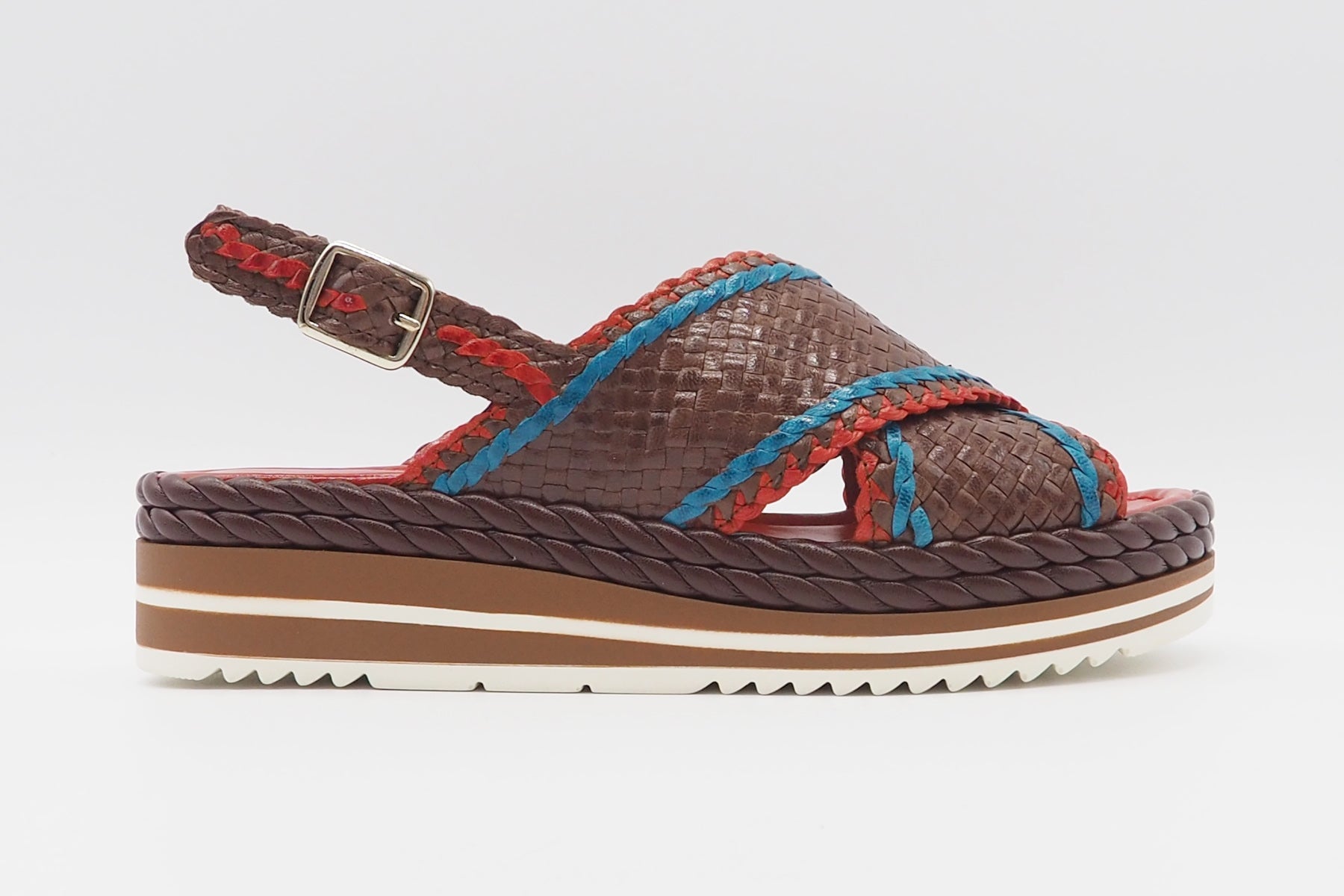 Feine Damen Sandale aus geflochtenem Leder in Braun, Blau & Rot - Absatz 4cm Damen Sandalen Pons Quintana