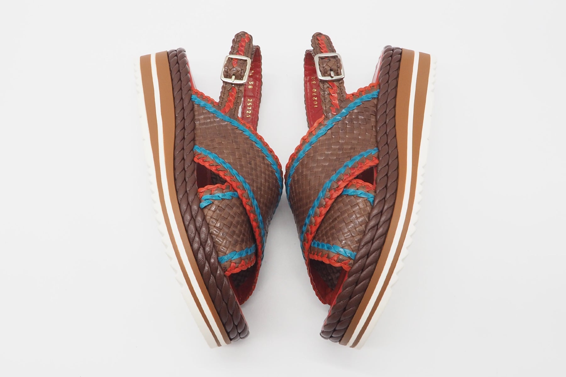 Feine Damen Sandale aus geflochtenem Leder in Braun, Blau & Rot - Absatz 4cm Damen Sandalen Pons Quintana