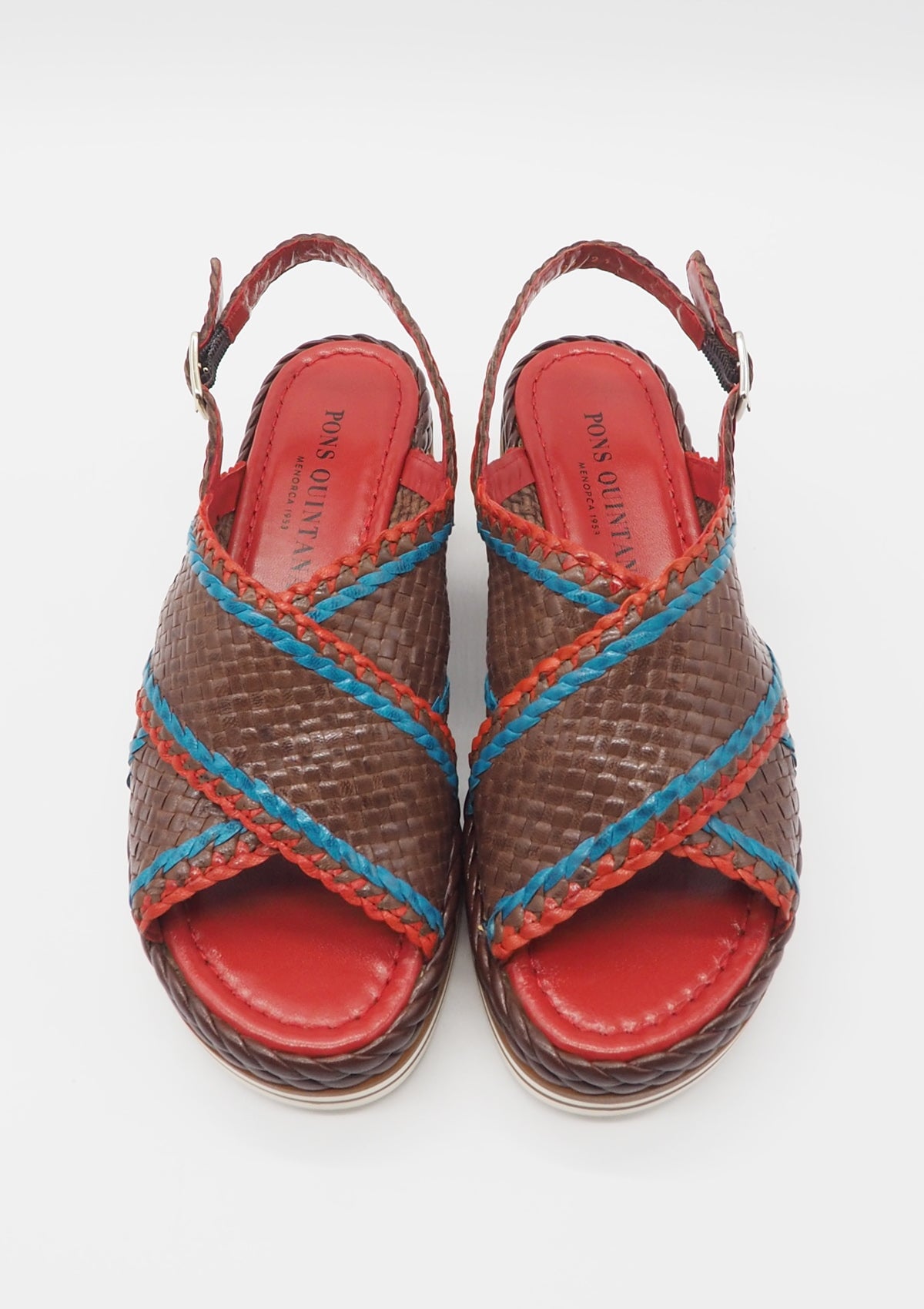 Feine Damen Sandale aus geflochtenem Leder in Braun, Blau & Rot - Absatz 4cm Damen Sandalen Pons Quintana