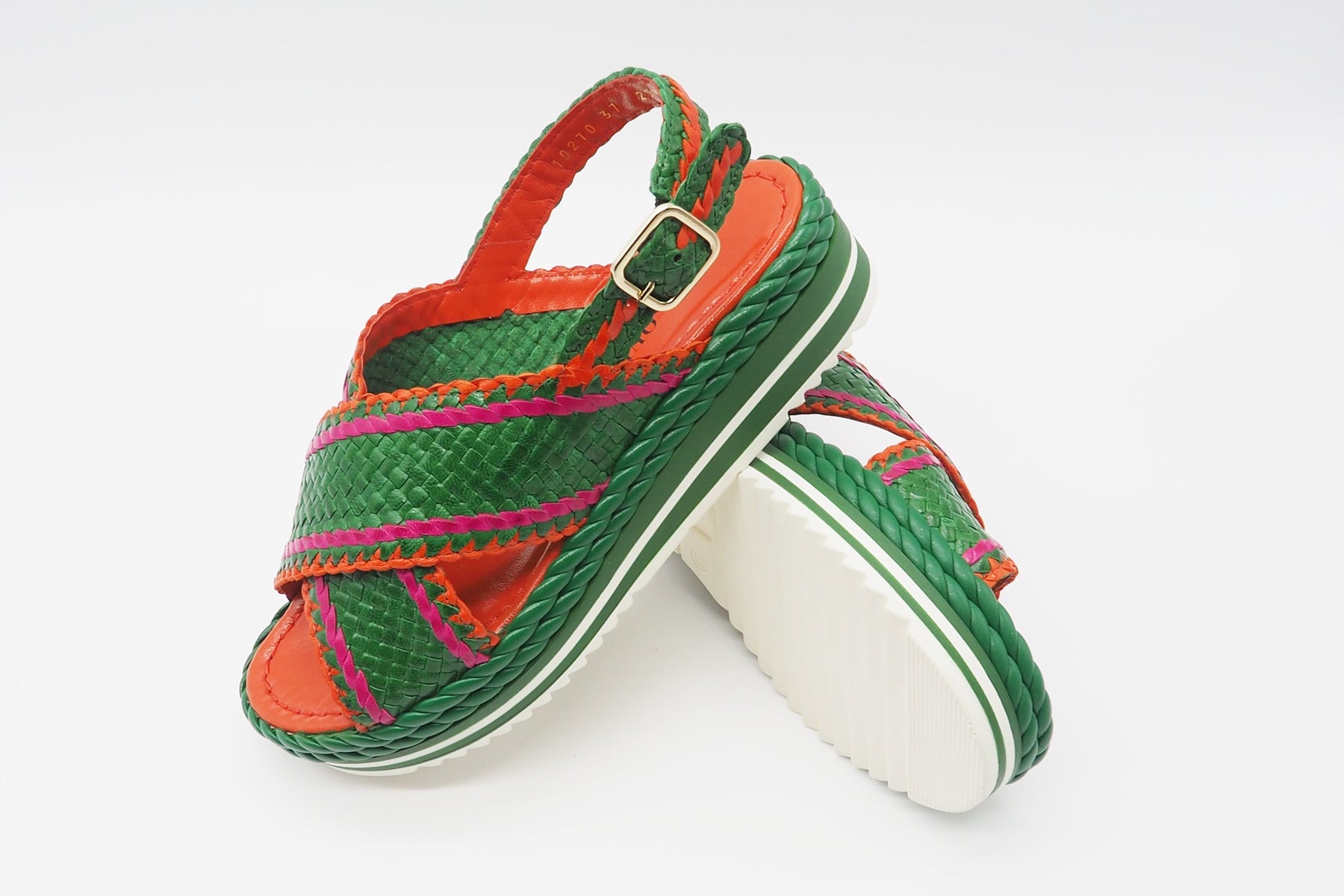 Feine Damen Sandale aus geflochtenem Leder in Grün, Orange & Pink - Absatz 4cm Damen Sandalen Pons Quintana