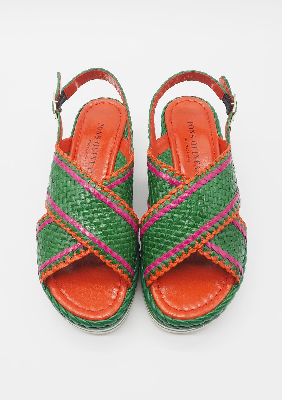 Feine Damen Sandale aus geflochtenem Leder in Grün, Orange & Pink - Absatz 4cm Damen Sandalen Pons Quintana