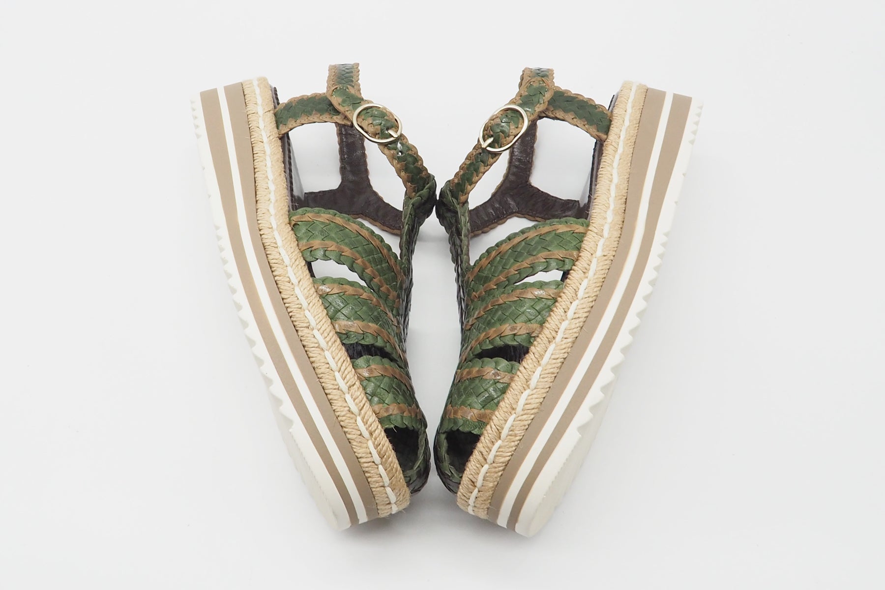 Feine Damen Slings aus geflochtenem Leder in Olive, Beige & Dunkelbraun - Absatz 4cm Damen Pumps & Slings Pons Quintana