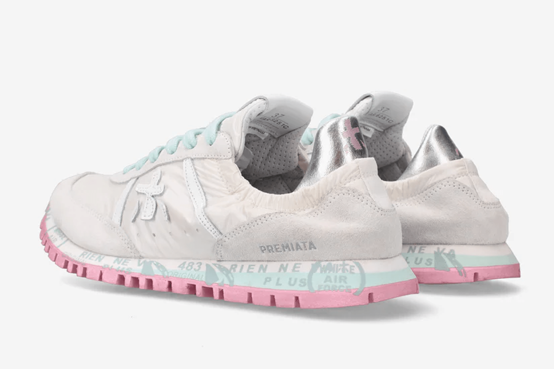 Feine Damen Sneaker aus Veloursleder & Nylon in Weiß, Mint & Pink - Seand Damen Sneaker Premiata