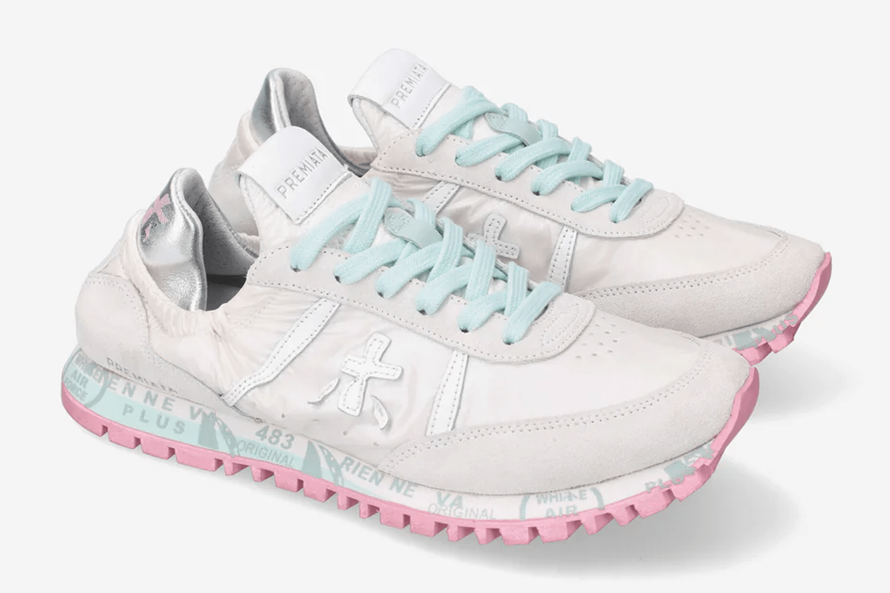 Feine Damen Sneaker aus Veloursleder & Nylon in Weiß, Mint & Pink - Seand Damen Sneaker Premiata