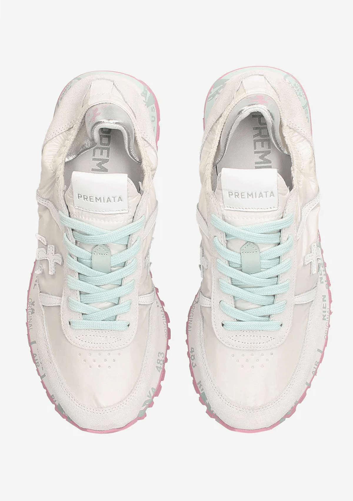 Feine Damen Sneaker aus Veloursleder & Nylon in Weiß, Mint & Pink - Seand Damen Sneaker Premiata