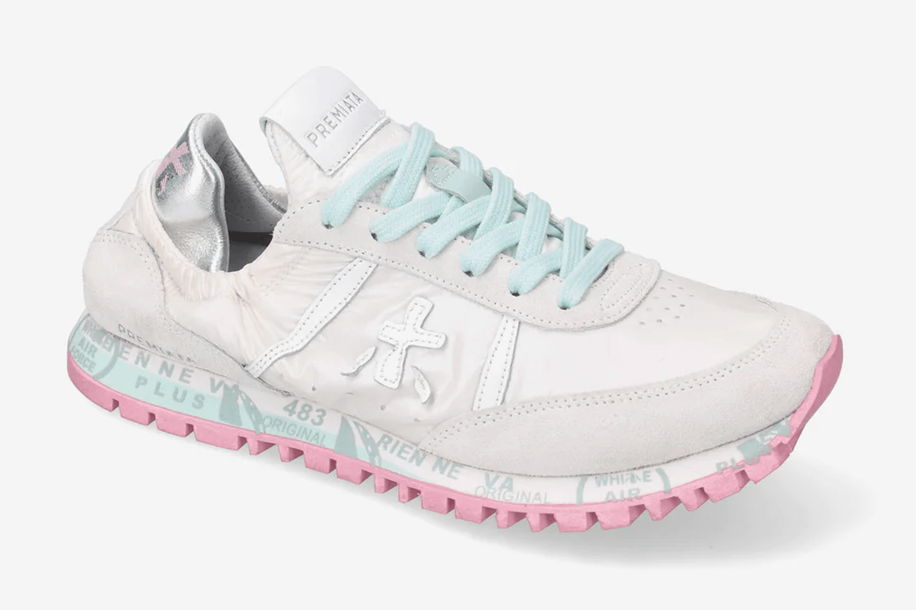 Feine Damen Sneaker aus Veloursleder & Nylon in Weiß, Mint & Pink - Seand Damen Sneaker Premiata