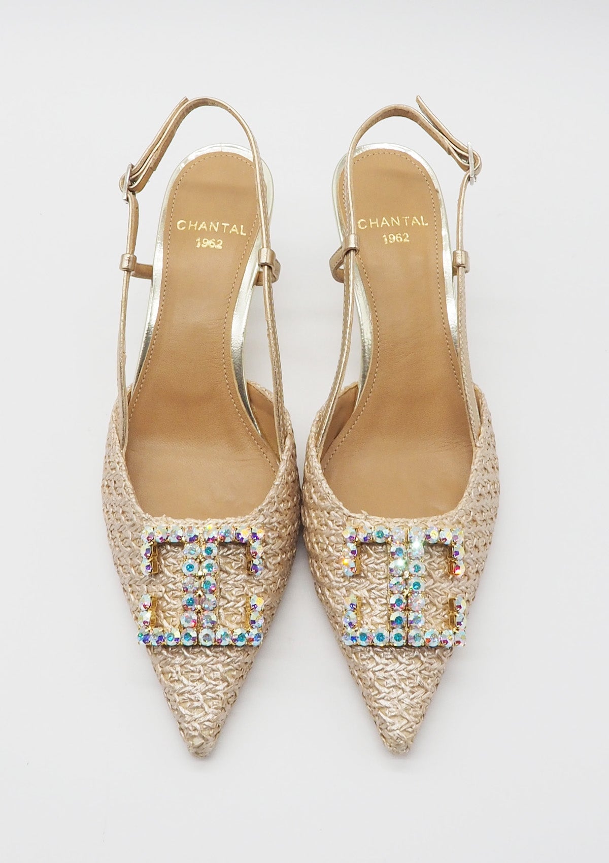 Feiner Damen Sling aus Brokat in Gold mit Kristallsteinen - Absatz 7cm Damen Pumps & Slings Chantal