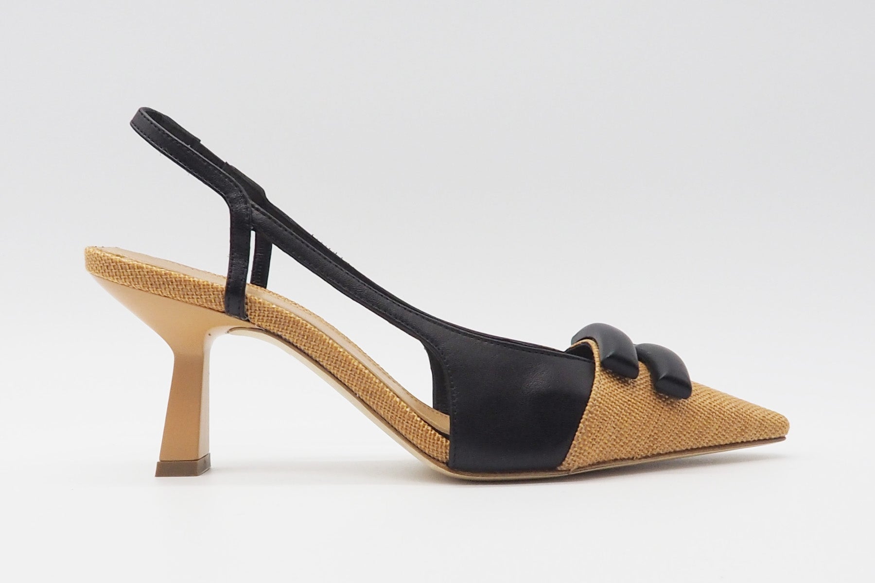 Feiner Damen Sling aus webtem Bast in Camel & Schwarz mit Lederschnalle - Absatz 8cm Damen Pumps & Slings Chantal