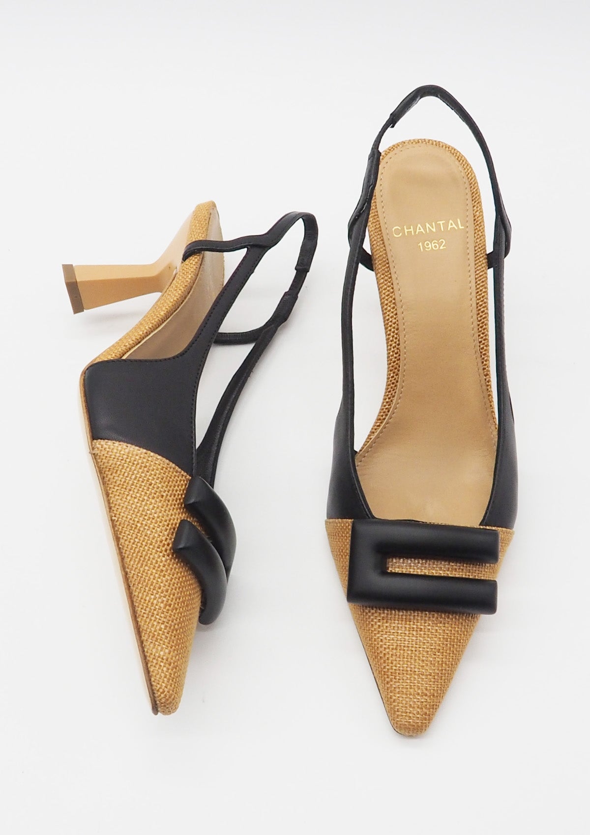 Feiner Damen Sling aus webtem Bast in Camel & Schwarz mit Lederschnalle - Absatz 8cm Damen Pumps & Slings Chantal