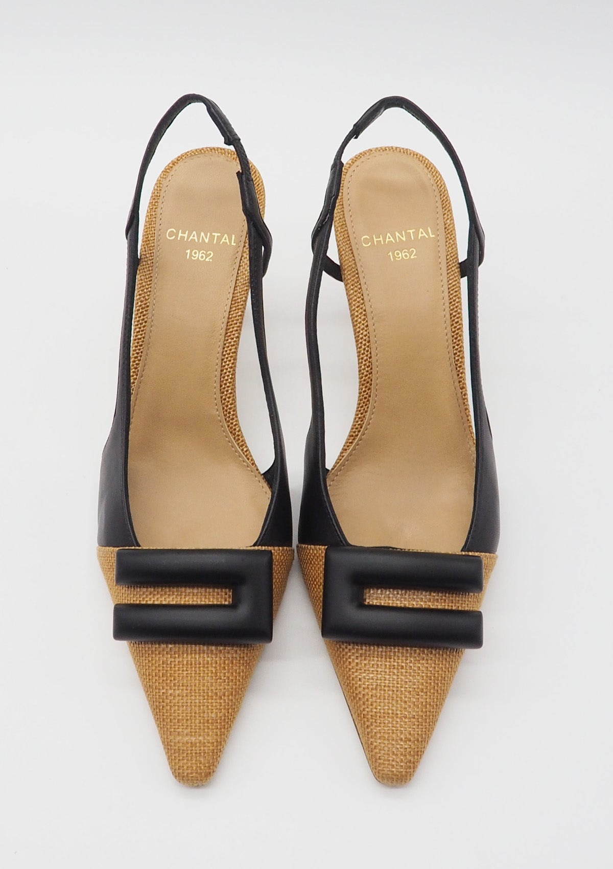 Feiner Damen Sling aus webtem Bast in Camel & Schwarz mit Lederschnalle - Absatz 8cm Damen Pumps & Slings Chantal