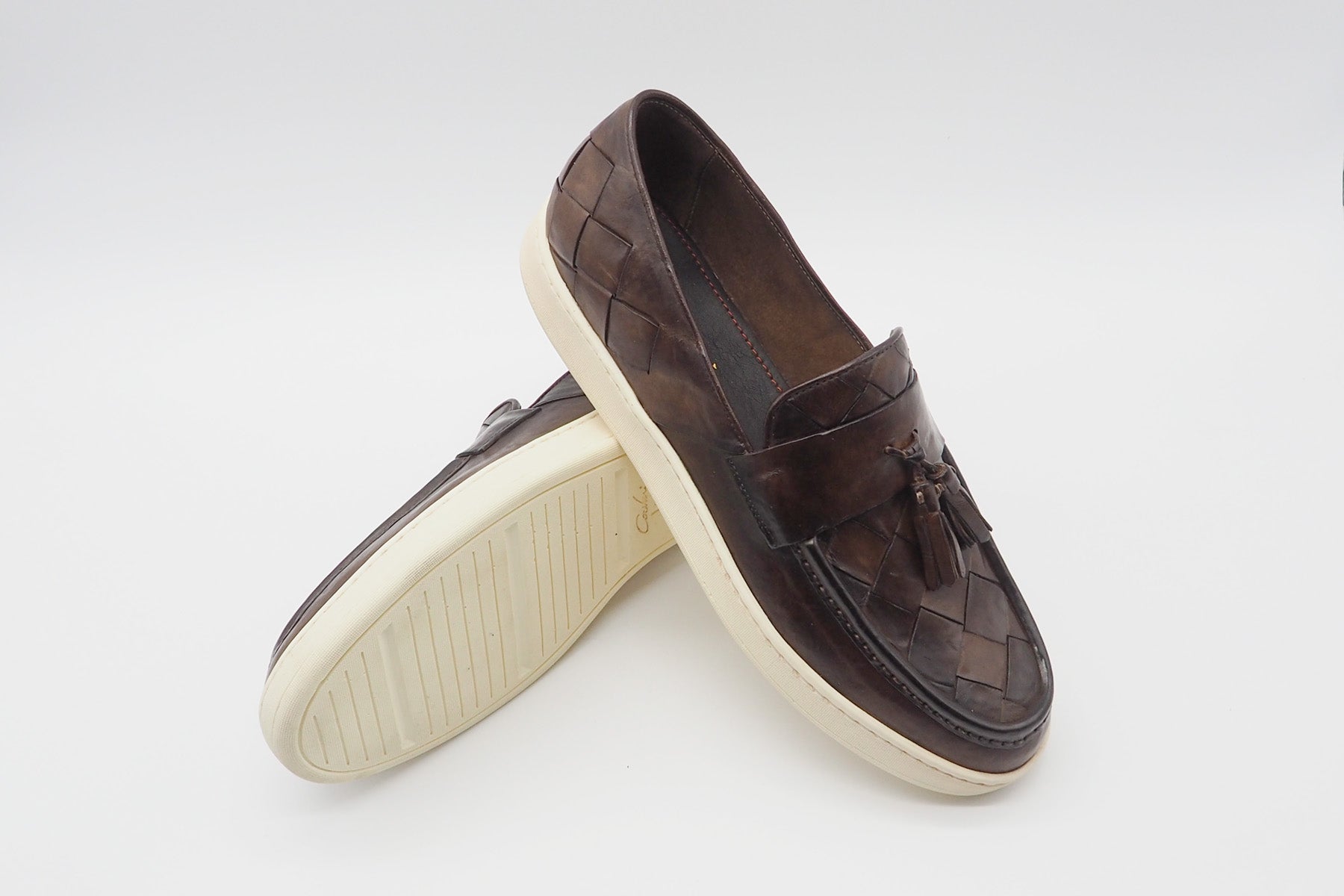 Herren Flechtslipper aus Glattleder in Dunkelbraun mit heller Sohle Herren Loafers & Slipper Corvari