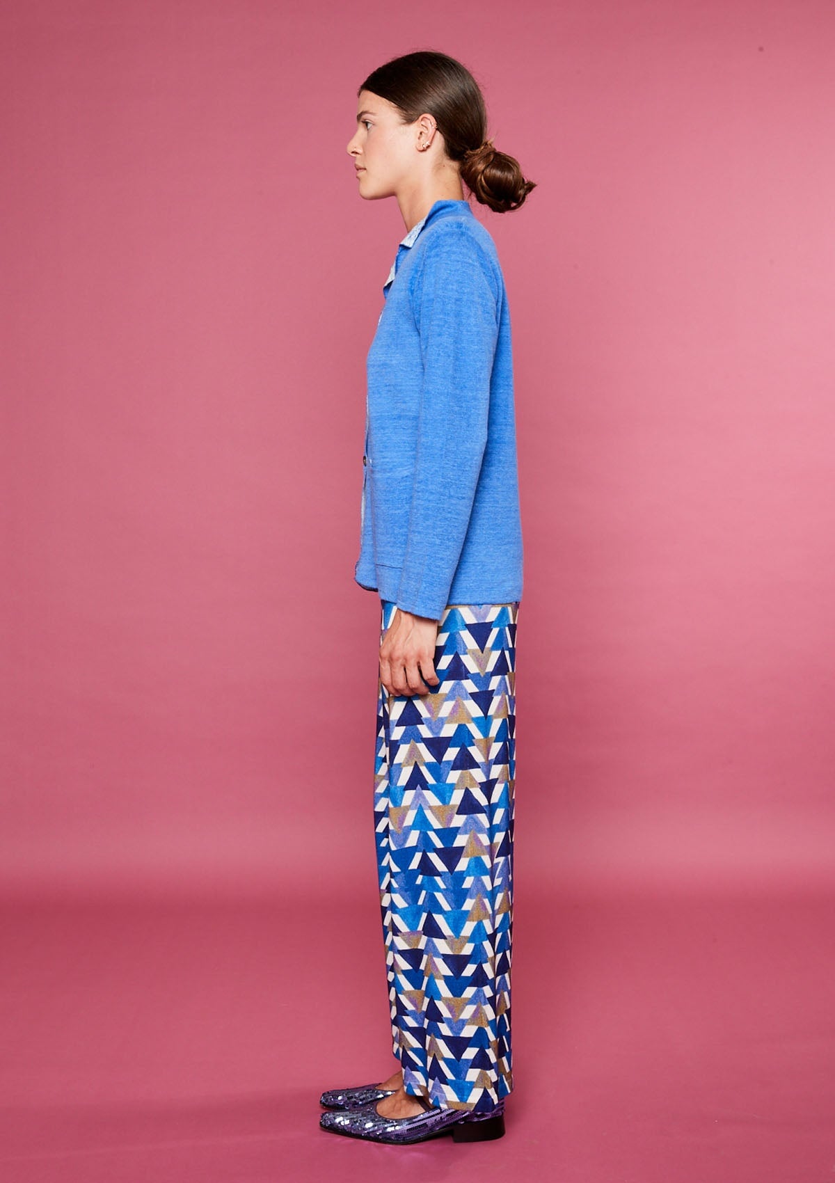 Luftige Damen Strick-Hose aus Baumwolle & Viskose in Blau & Lila mit Gummibund - Stampato Damen Hose in bed with you