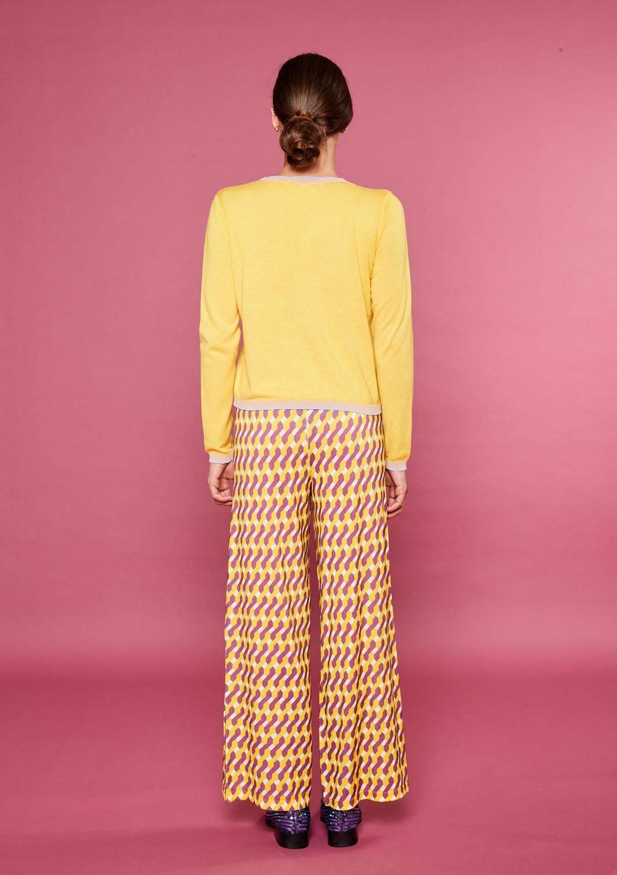 Luftige Damen Strick-Hose aus Baumwolle & Viskose in Gelb & Lila mit Gummibund - Stampato Damen Hose in bed with you