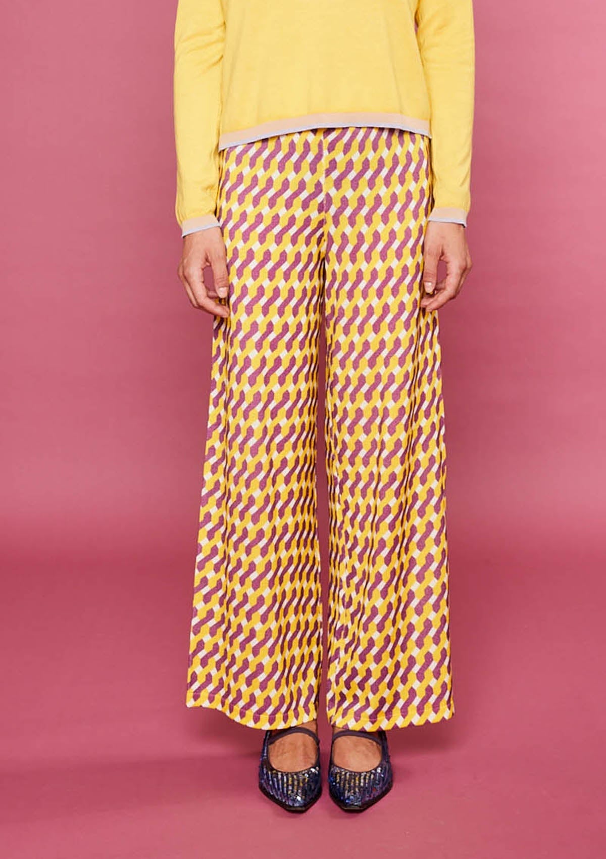 Luftige Damen Strick-Hose aus Baumwolle & Viskose in Gelb & Lila mit Gummibund - Stampato Damen Hose in bed with you