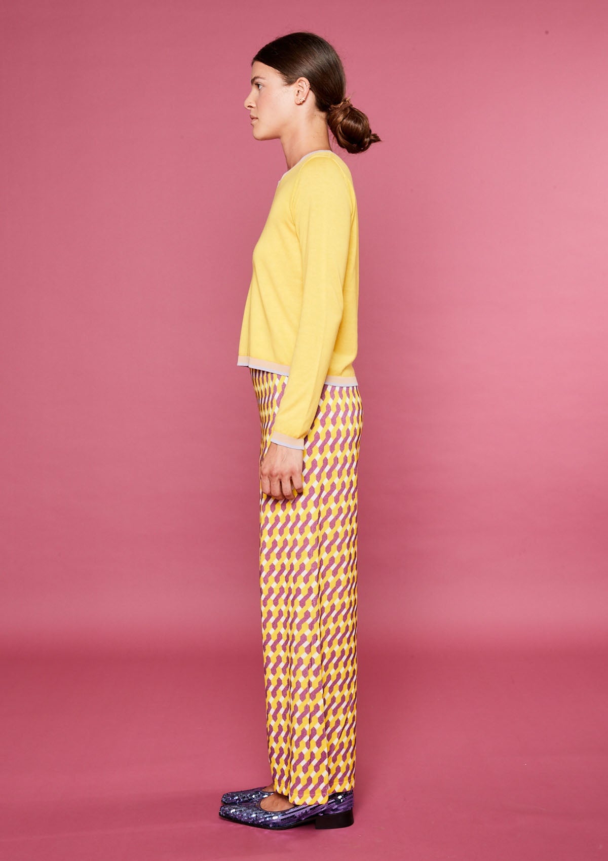 Luftige Damen Strick-Hose aus Baumwolle & Viskose in Gelb & Lila mit Gummibund - Stampato Damen Hose in bed with you