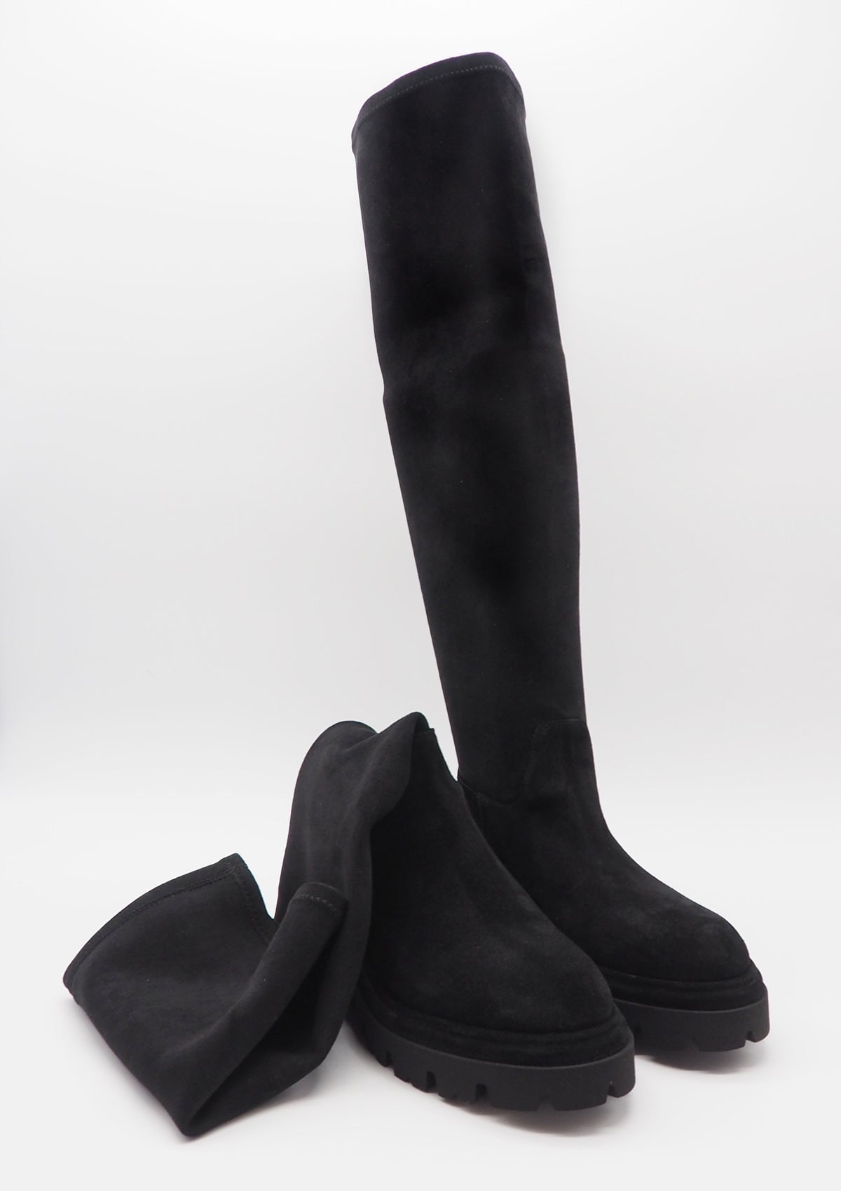 Sportive Damen Langschaft-Stiefel aus Veloursleder in Schwarz - Absatz 3cm Damen Stiefel Fruit